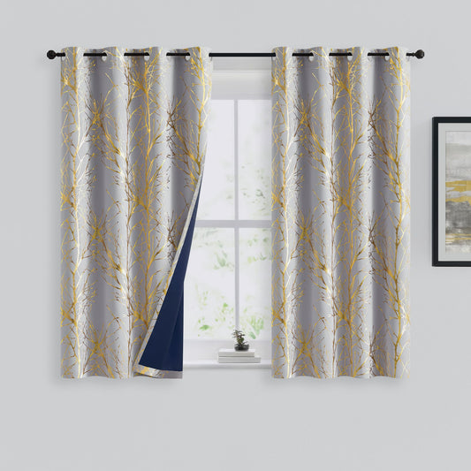 FMFUNCTEX 100% Blackout Curtains for Bedroom, Curtains 45 Inch Length Gold on Grey Tree Curtains for Living Room, Gold Foil Room Darkening Thermal Insulated Branch Curtain, 2 Panels Grommet Top