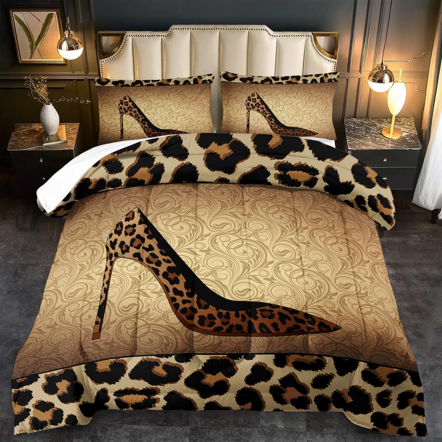 llyxsesty Leopard Comforter Set King Girls,Sexy High Heel Comforter for Women,Leopard Print Bedding Set King Adult,High Heel Quilt Bedroom Decor,African Animal Print Bedding Quilt