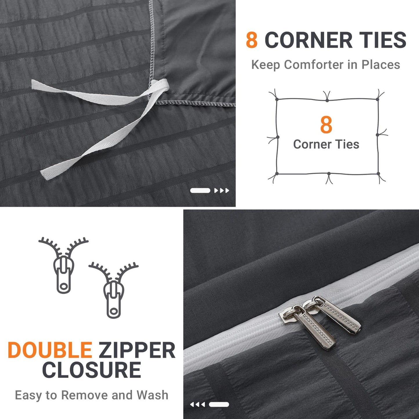 HYMOKEGE Dark Grey Duvet Cover Queen Size, Ultra Soft 3-Piece Seersucker Duvet Cover Set with Zipper Closure, Soft Brushed Microfiber Bedding Set with 8 Corner Ties (90"x90", 2 Pillowshams)
