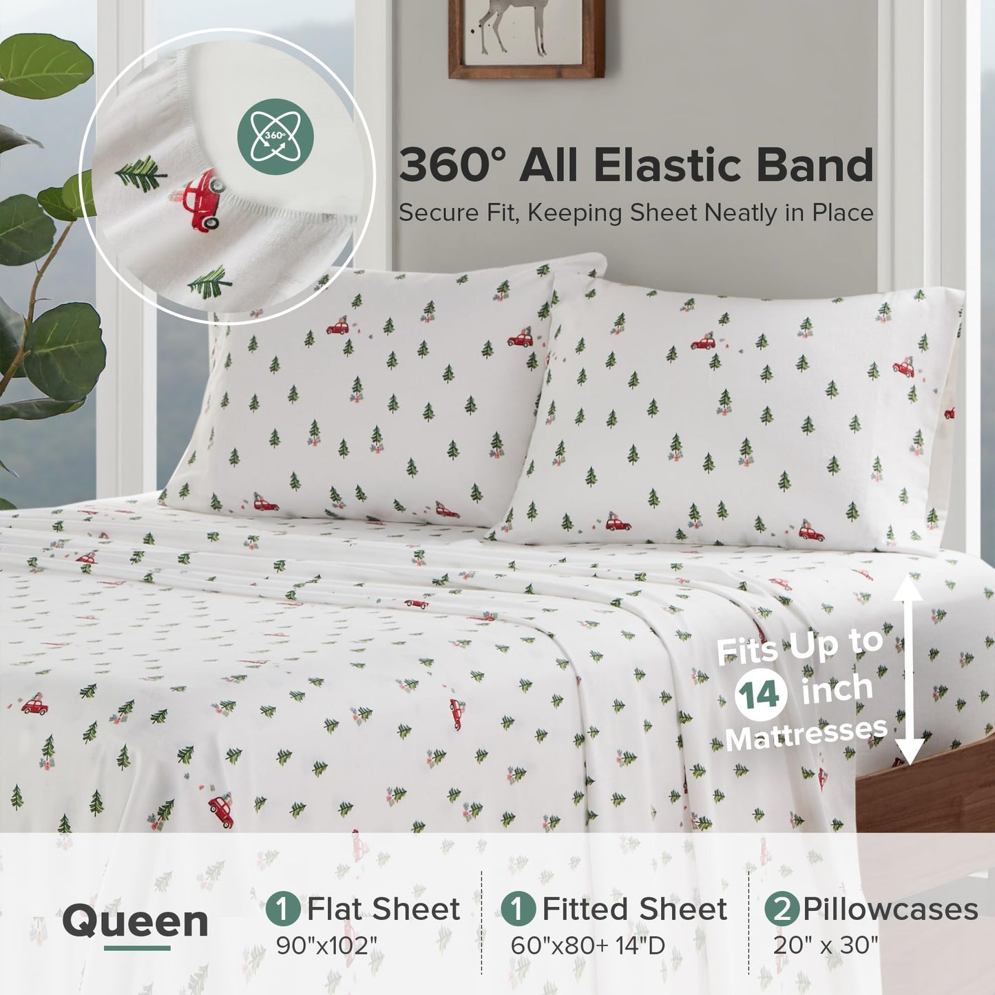 Woolrich Cotton Sheet Set Cottage Charms Print, 100% Cotton Flannel Sheets Warm & Fuzzy Bedding Set Queen Size Sheets, Fitted Pocket Fits Up to 14" Mattress, Queen Green Tree Trip 4 Piece