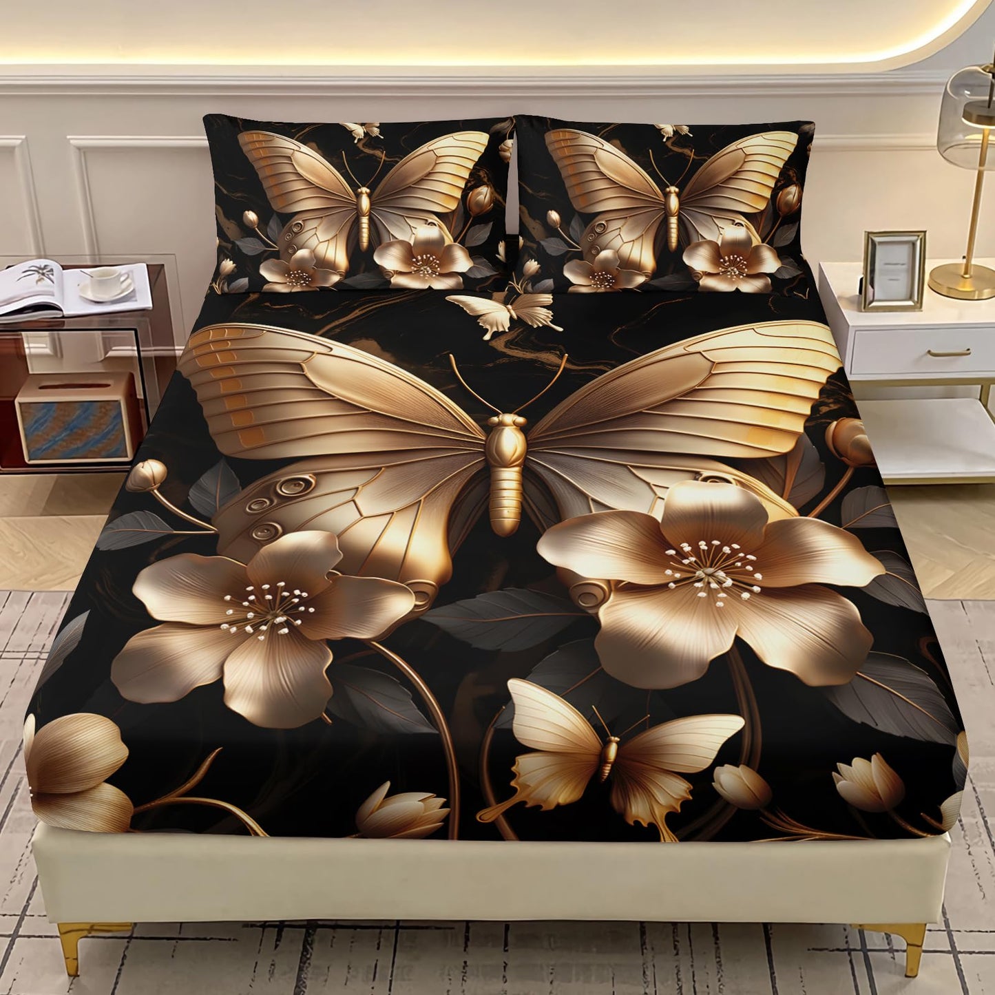 AILONEN Butterfly Bedding Set Queen Size, 3Pcs Golden Floral Butterfly Soft Bed Sheet Set for Girls Women,Beautiful Butterflies Fitted Sheet with 2 Pillowcases
