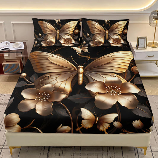 AILONEN Butterfly Bedding Set Queen Size, 3Pcs Golden Floral Butterfly Soft Bed Sheet Set for Girls Women,Beautiful Butterflies Fitted Sheet with 2 Pillowcases