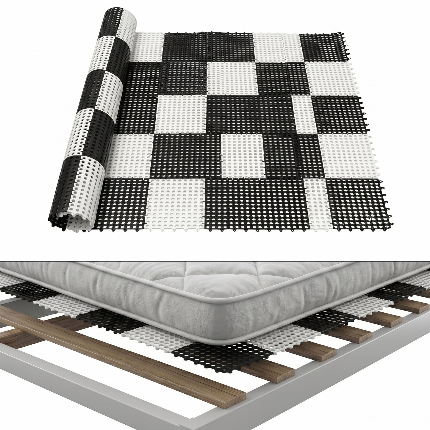 83" L x 59" Inch Plastic Ventilated Mattress Underlay Pad for RV Boat Camper Interlocking Modular Design, Breathable Mesh RV Under Mattress Ventilation Air-Flow (Black+White)