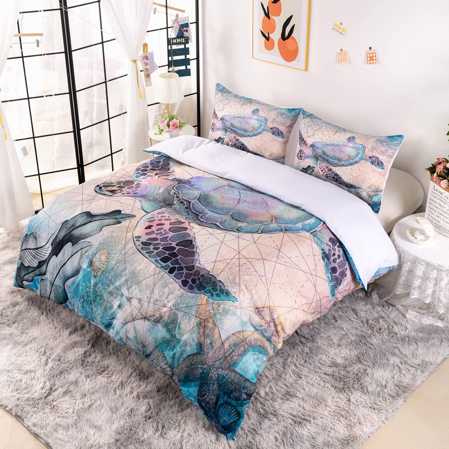 CVHOUSE Sea Turtle Duvet Cover Queen Size,Ocean Bedding Set for Kids Teens,Beach Comforter Cover,1 2 Pillowcases 3 Piece Queen 89'x89'