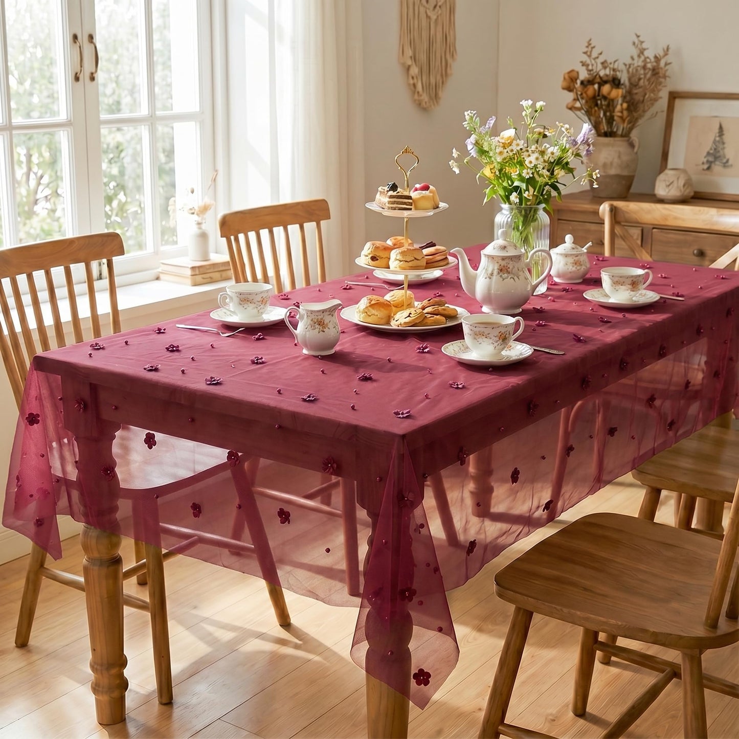 Horaldaily Burgundy Flower Pearl Burgundy Gauze Table Cloth 60×84 Inch Rectangular, Seasonal Sheer Tulle Cheesecloth, Bridal Shower Table Cover for Wedding Birthday Table Decor