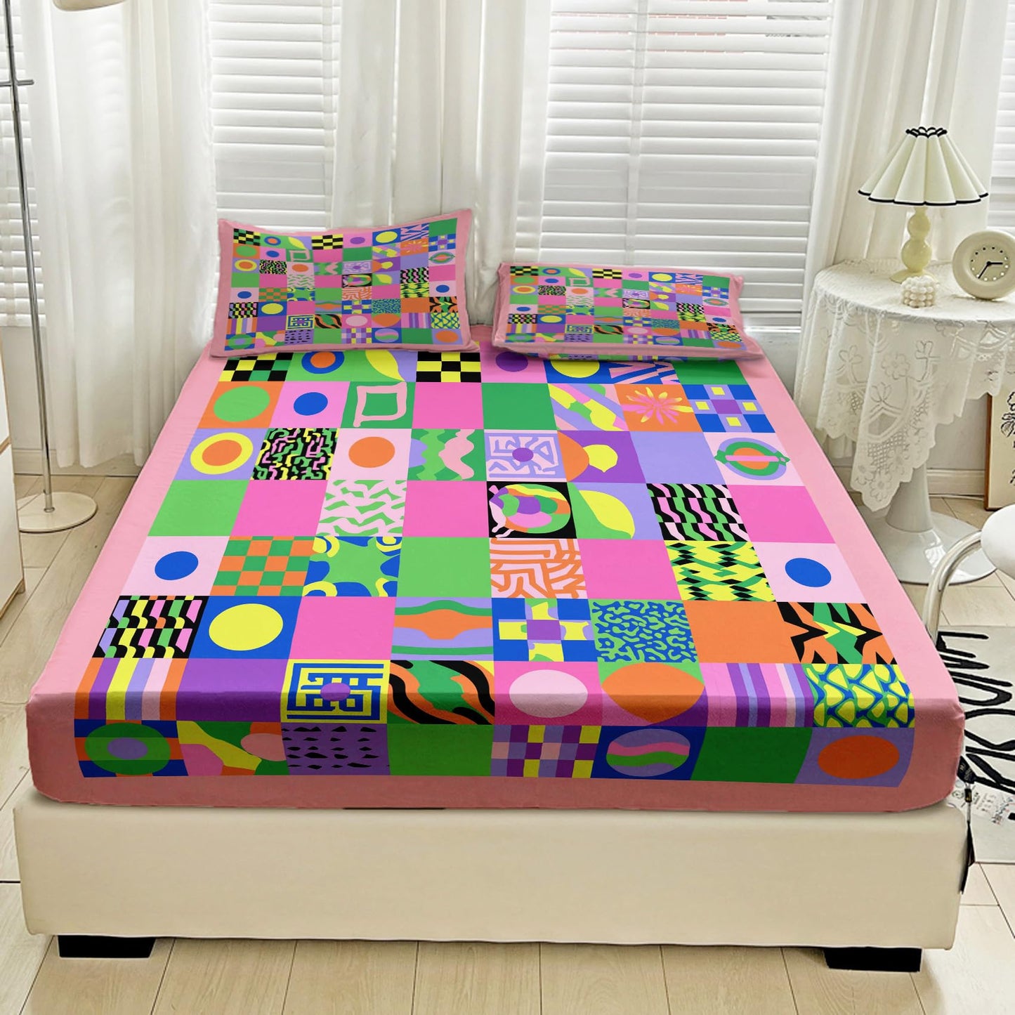 NOGAWA Retro Geometric Sheets King, Colorful Bed Sheets, 70s Bedding Sheets, Soft Microfiber Deep Pocket Fitted Sheet, Flat Sheet, 2 Pillowcases