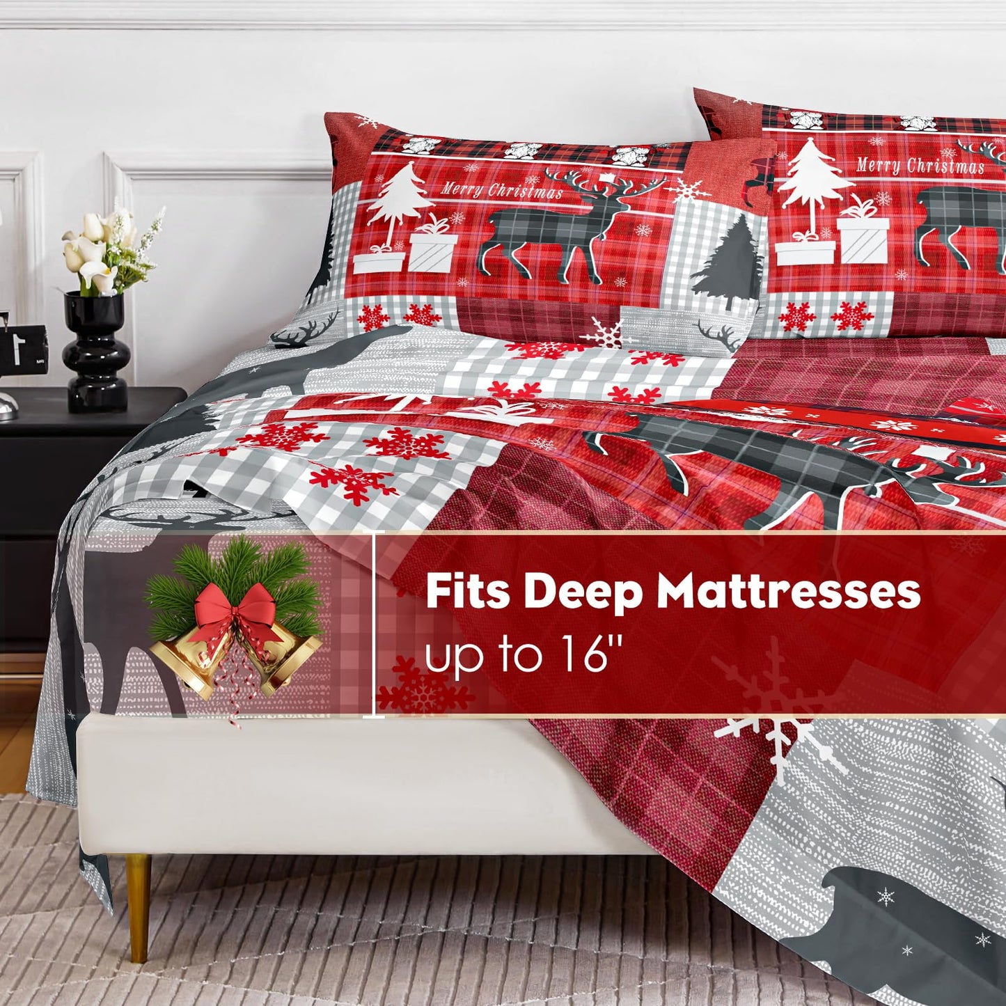 HCORA Christmas King Size Sheets Set, Luxury 1800TC Hotel Quality Double Brushed Microfiber Deep Pocket Bed Sheets, Ultra Soft, Breathable, 4PC, King