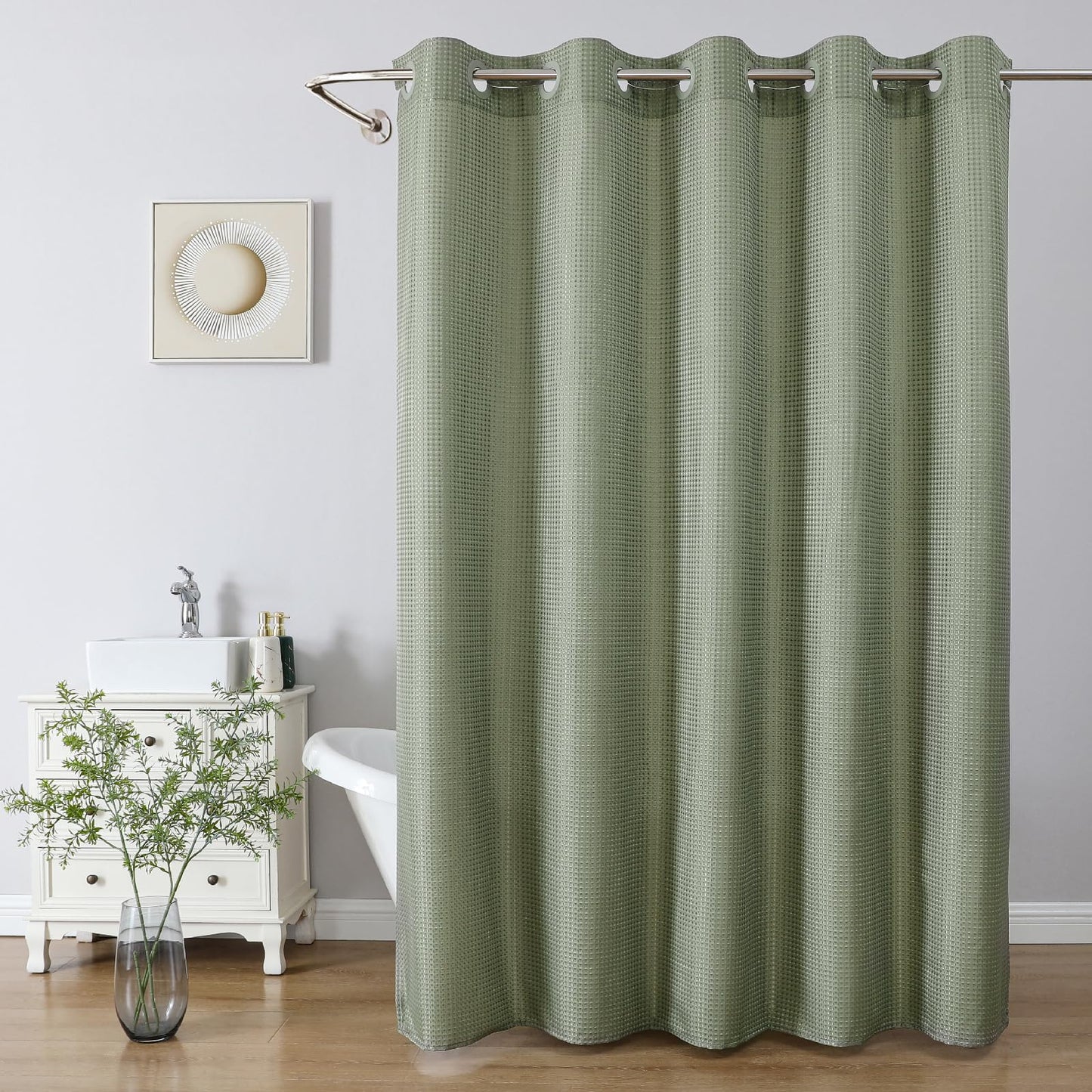No Hook/Liner Waffle Shower Curtain, Waterproof, 71x74 Inch Sage Green
