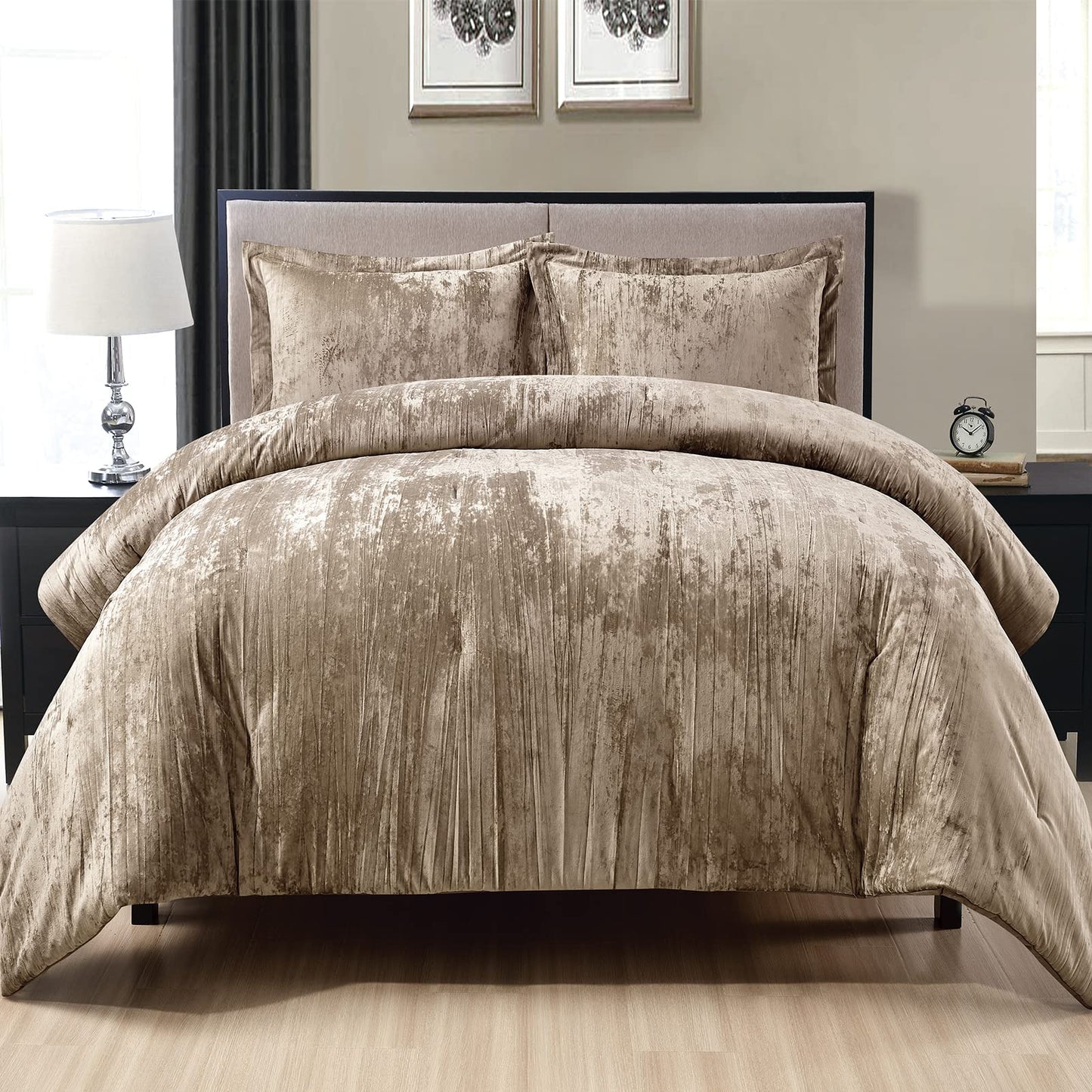 Fredsure Crinkle Velvet Comforter Set, 3 Pieces Khaki Queen, Crinkle Velvet Face and Brushed Microfiber Reverse, with Light Poly Fill