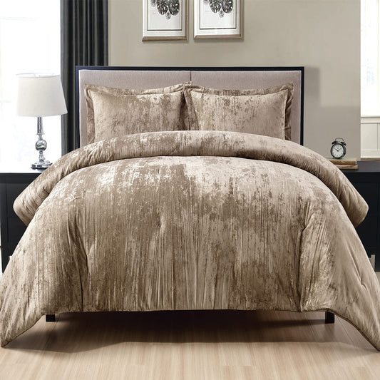 Fredsure Crinkle Velvet Comforter Set, 3 Pieces Khaki Queen, Crinkle Velvet Face and Brushed Microfiber Reverse, with Light Poly Fill