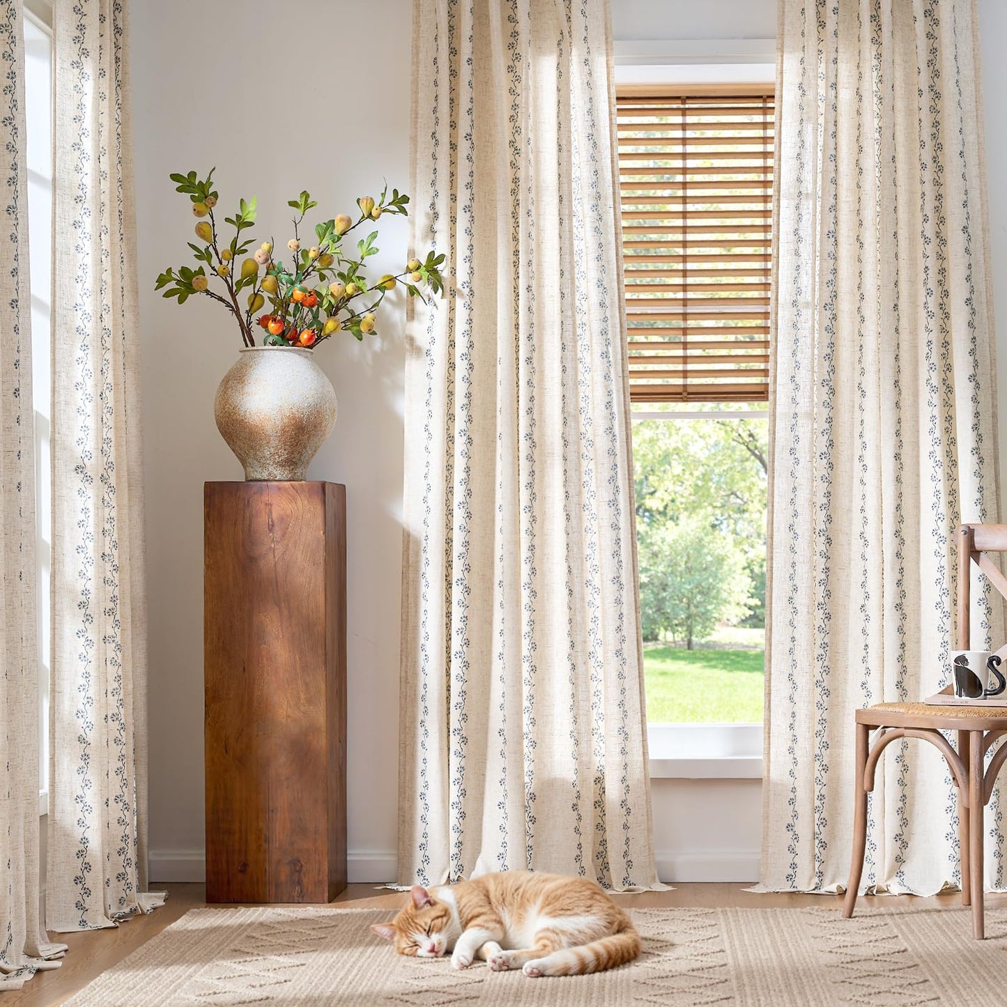 Lazzzy Cathy Blue Linen Floral Curtains 84 inches Long Semi Sheer Drapes 2 Panels for Living Room Bedroom Privacy Light Filtering Curtains Rod Pocket Back Tab 50"x84" Blue on Linen