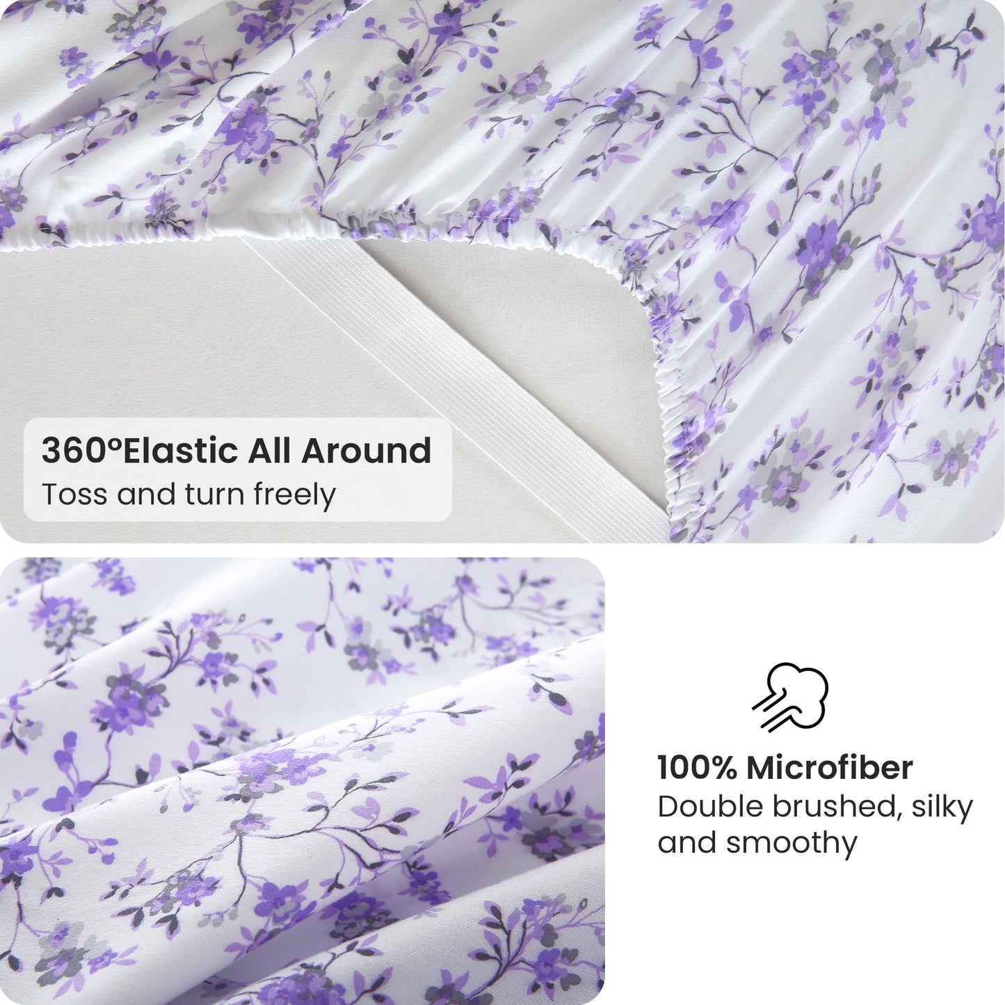 Viviland Floral Queen Sheet Set - 4 Piece Purple Lavender Botanical Patterned Bed Sheets - Soft, Breathable Microfiber Sheets with Deep Pocket, Non-Slip Fitted Sheets & Pillowcases