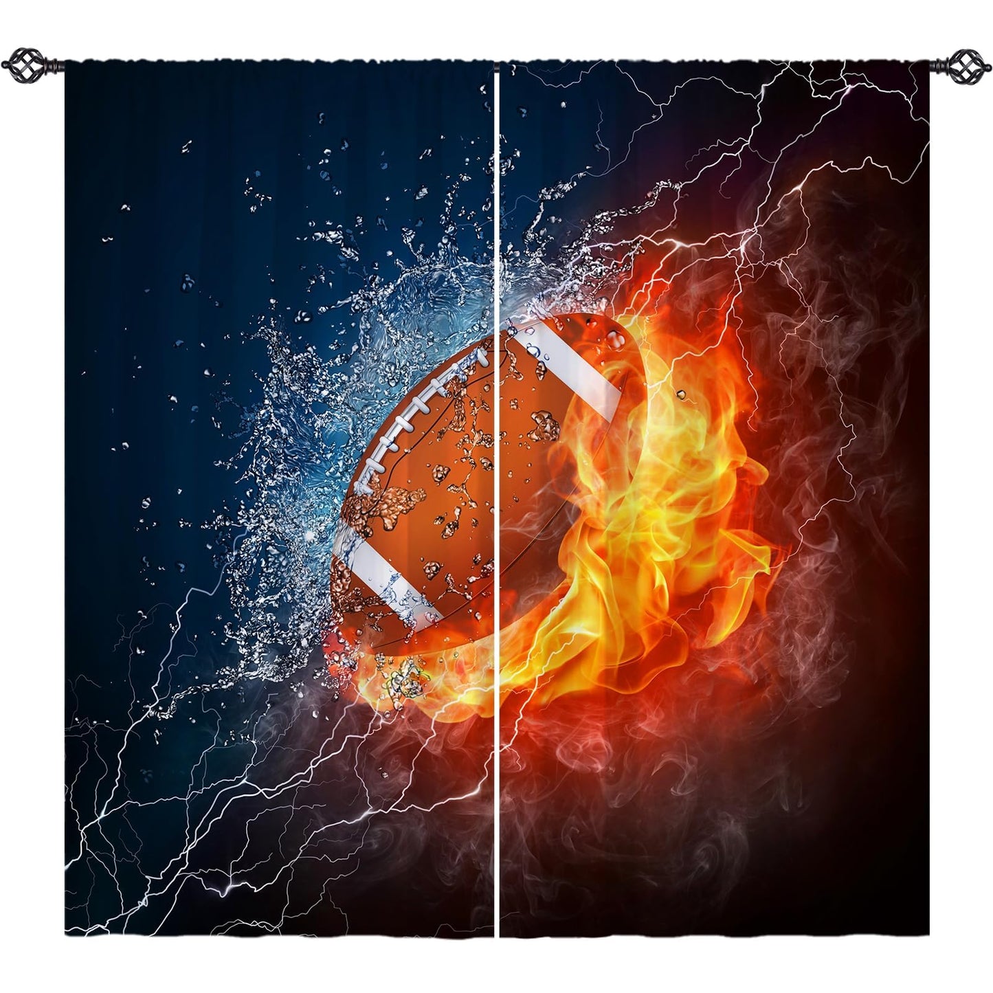 YUANZU Kids Football Curtains W42 x L63 Inch Rod Pocket Sports Water Fire Rugby Flame Thunder Lightning Print Pattern Privacy Fabric Window Drapes for Boys Bedroom Nursery Baby Playroom 2 Panels