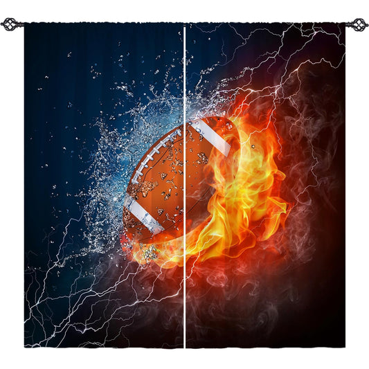 YUANZU Kids Football Curtains W42 x L63 Inch Rod Pocket Sports Water Fire Rugby Flame Thunder Lightning Print Pattern Privacy Fabric Window Drapes for Boys Bedroom Nursery Baby Playroom 2 Panels