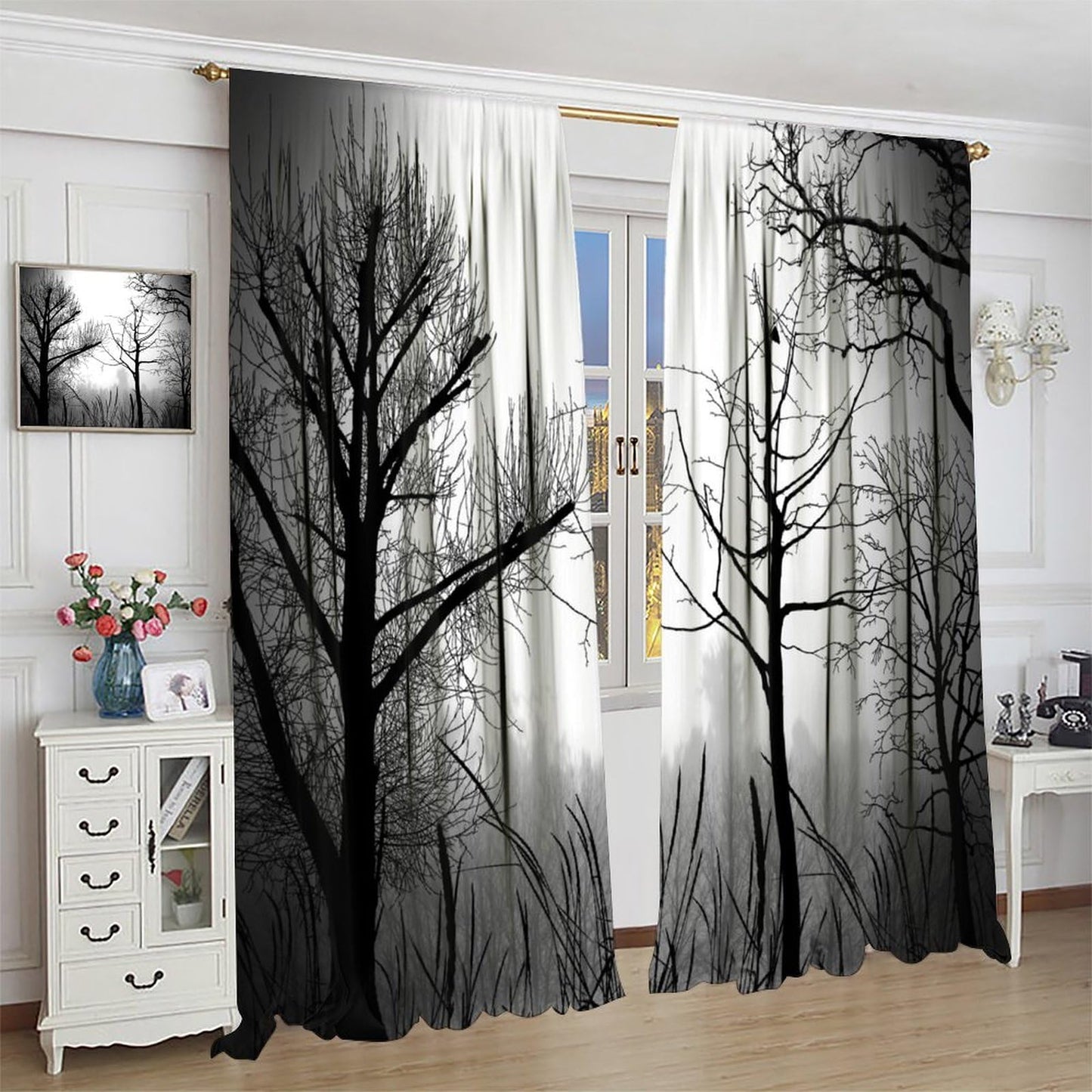 Gothic Black Pine Tree Forest Curtains - Mysterious Scenery, Gloomy Dark Dense Foggy Blackout Window Treatments for Living Room Bedroom - 42" W X 45" L