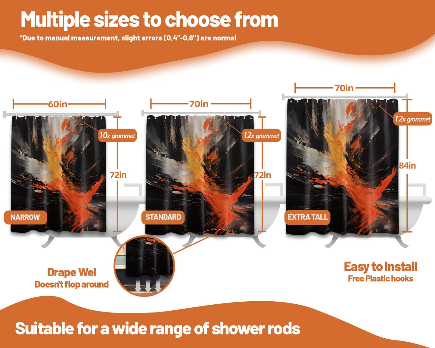 dueeia Orange and Black Shower Curtain Orange Abstract Art Painting Shower Curtains for Modern Bathroom Decor, Waterproof Fabric 70 x 72 inch with Hooks