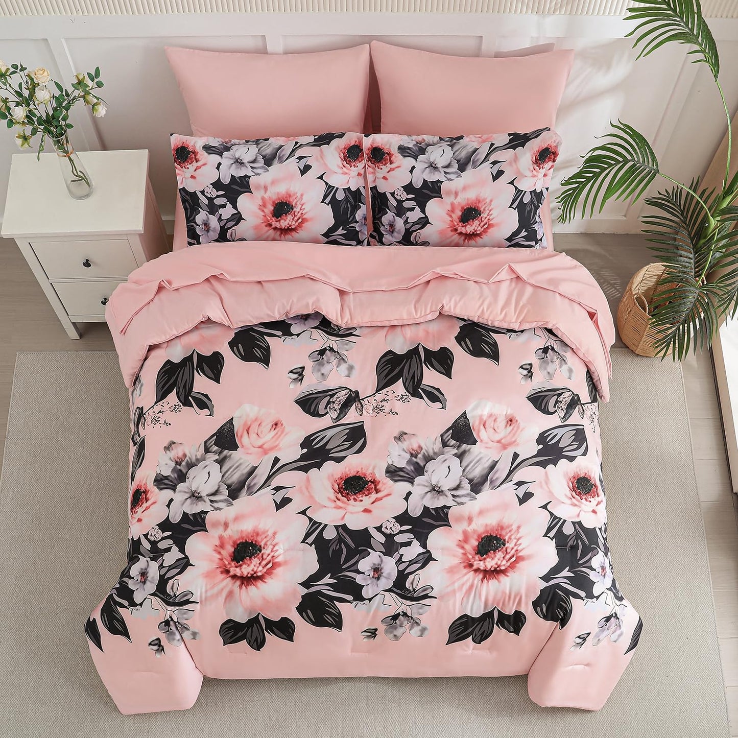 Yogeneg Queen Comforter Set 7 Piece Bed in a Bag,Pink Black Floral Botanical Pattern Blush Bedding Set,Soft Microfiber Comforter with Sheet Set,All Season Bed Set(Pink Black,Queen)