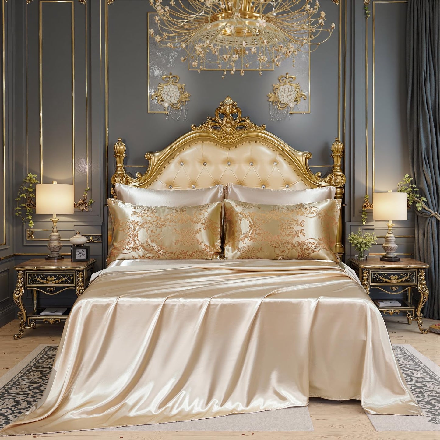 King Size 8-Piece Jacquard Comforter Set with Satin Sheets Set – Elegant Coordinated Bedding Collection for Bedroom Gold Bed-in-a-Bag