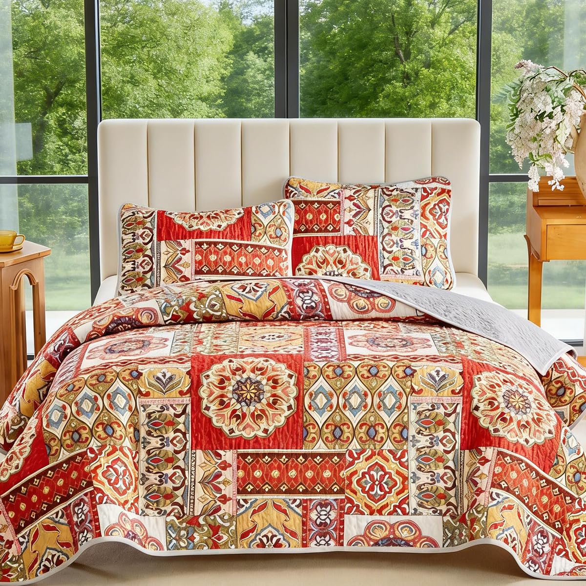 Floral Boho Quilts Queen Size Bedding Set Orange 3 Pieces Farmhouse Botanical Summer Bedspreads with 2 Shams Soft Reversible Lightweight Breathable Coverlet Set for All Season (Orange Boho, King)