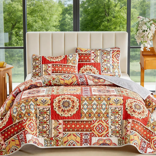 Floral Boho Quilts Queen Size Bedding Set Orange 3 Pieces Farmhouse Botanical Summer Bedspreads with 2 Shams Soft Reversible Lightweight Breathable Coverlet Set for All Season (Orange Boho, King)