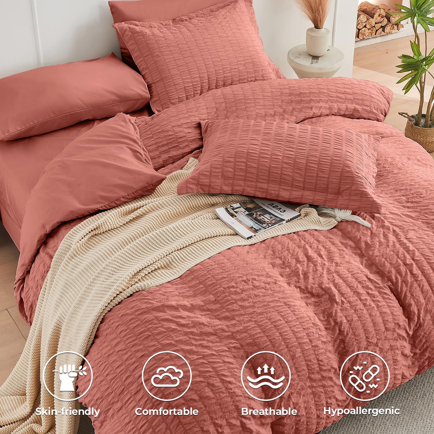 HYMOKEGE Coral Twin Comforter Set Seersucker 5 Pieces, All Season Luxury Bed in a Bag for Bedroom, Bedding Set with Comforter, Sheets, Pillowcase & Sham