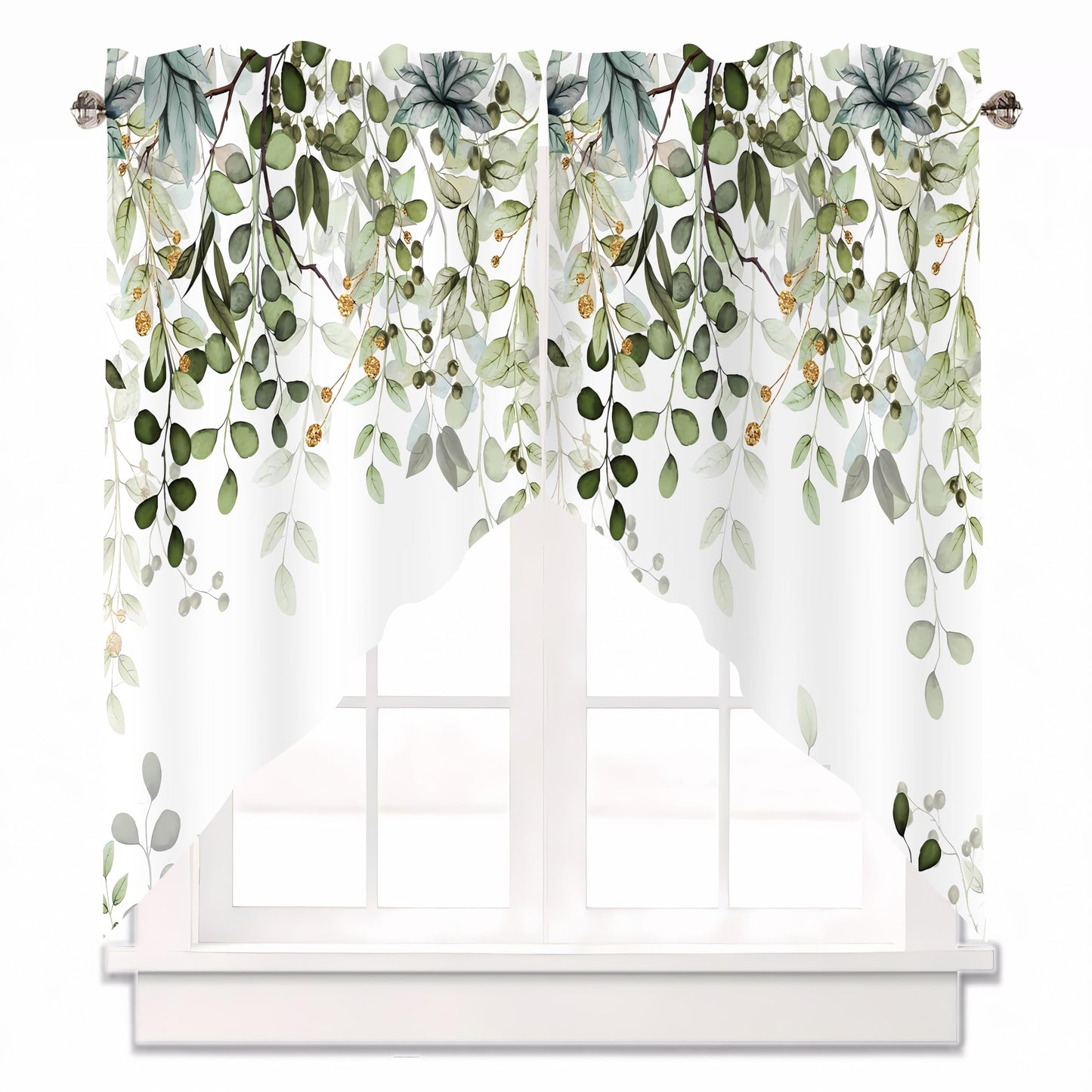 AYTTBIS Sage Green Eucalyptus Swag Curtain Valance for Windows,Watercolor Leaves Window Treatments Short Swag Topper for Kitchen Windows Bathroom Bedroom,28 x 36 Inch