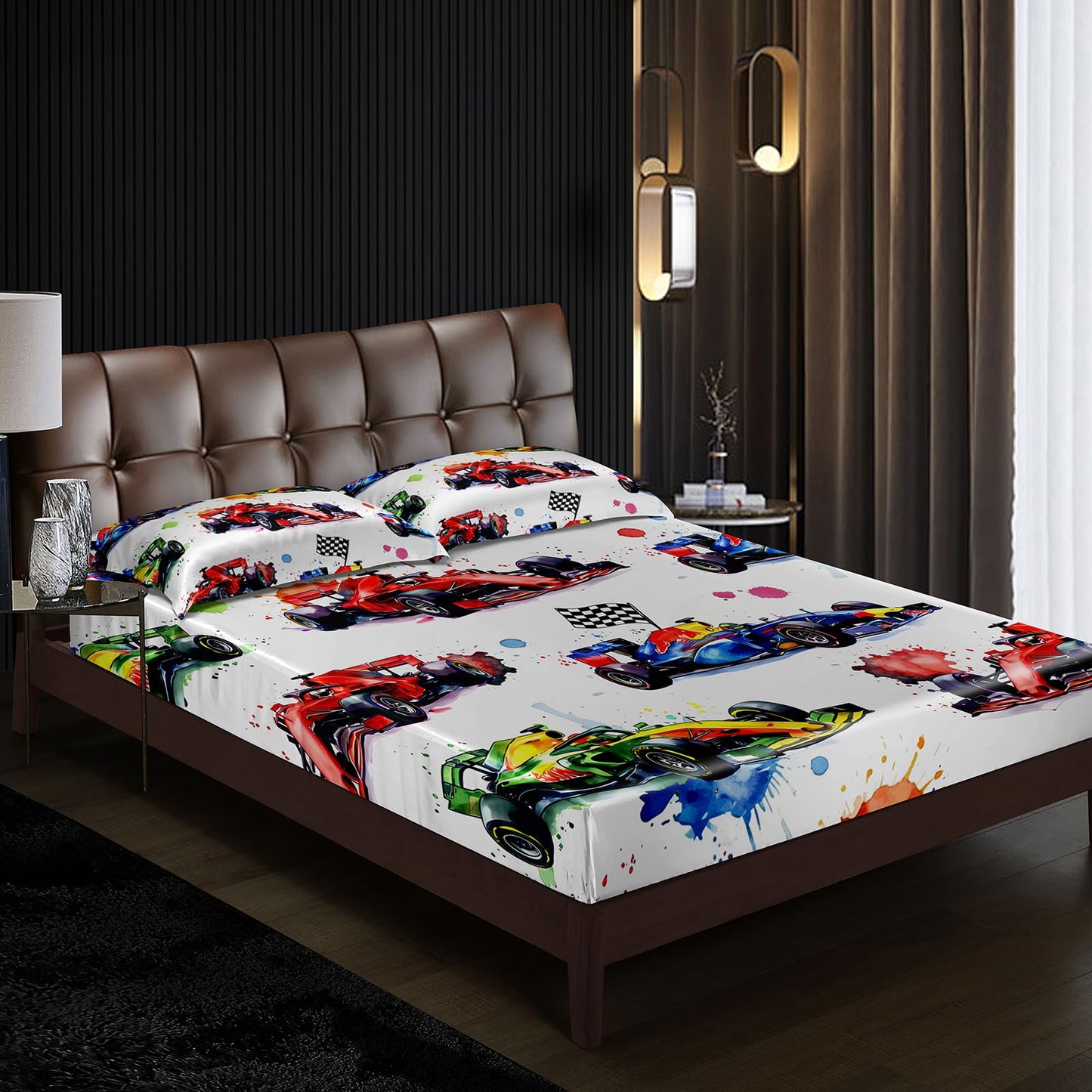 AILONEN Watercolor Race Car Twin Fitted Sheet Set 3 Piece,Artistic Sports Vehicle Bedding with 2 Pillowcases,Paint Splatter Linens for Boys Kids,16 Inch Deep Pocket Microfiber