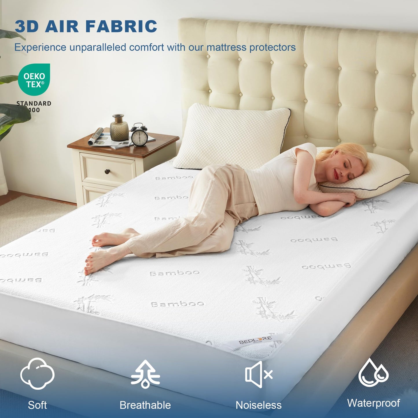 BEDLORE Full Size Waterproof Mattress Protector Viscose Derived from Bamboo, Soft Mattress Cover Fitted with Deep Pocket 6"-15", Breathable Noiseless Mattress Pad, Machine Washable(White)