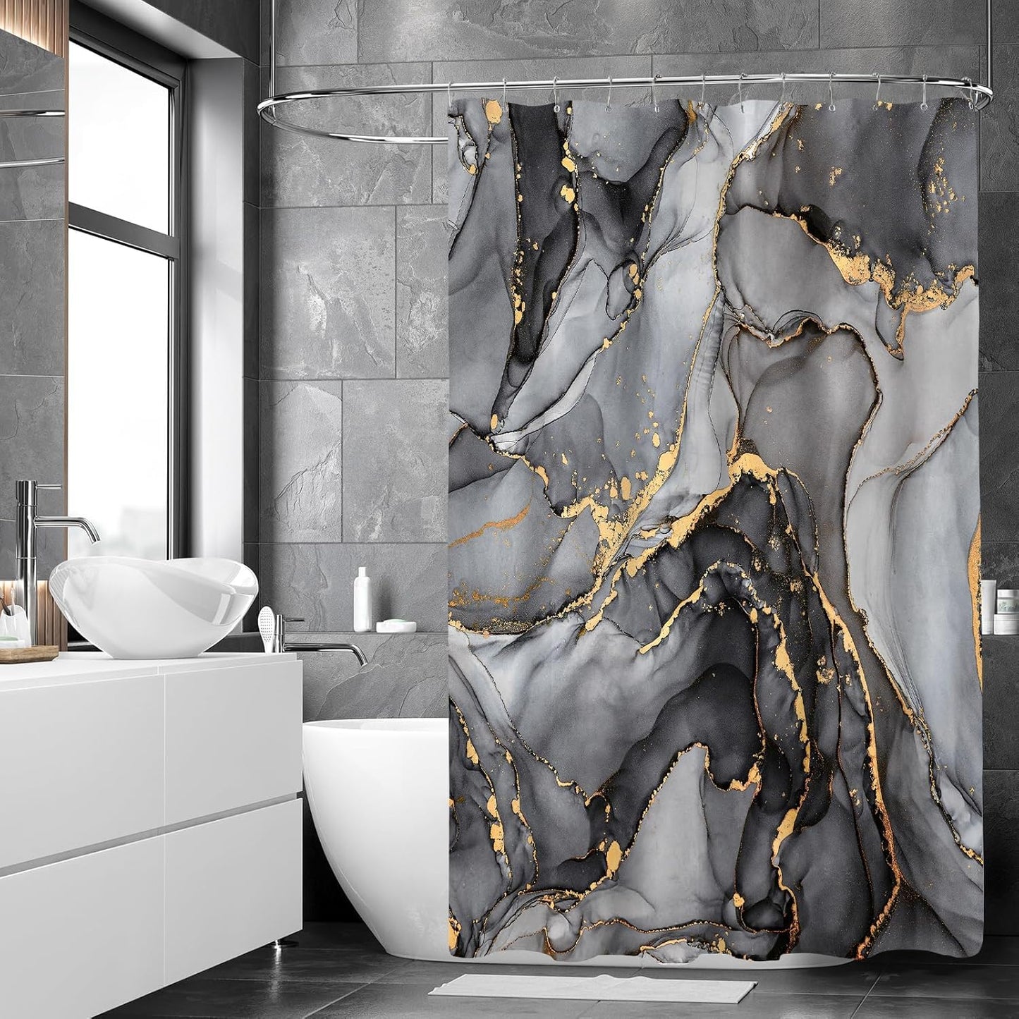 NBVKO 4 Pcs Black Marble Shower Curtain Sets with Rugs Gold Bathroom Sets with Shower Curtain and Rugs Modern Abstract Bathroom Decor Accessories Shower Curtains for Bathroom Toilet Lid Cover