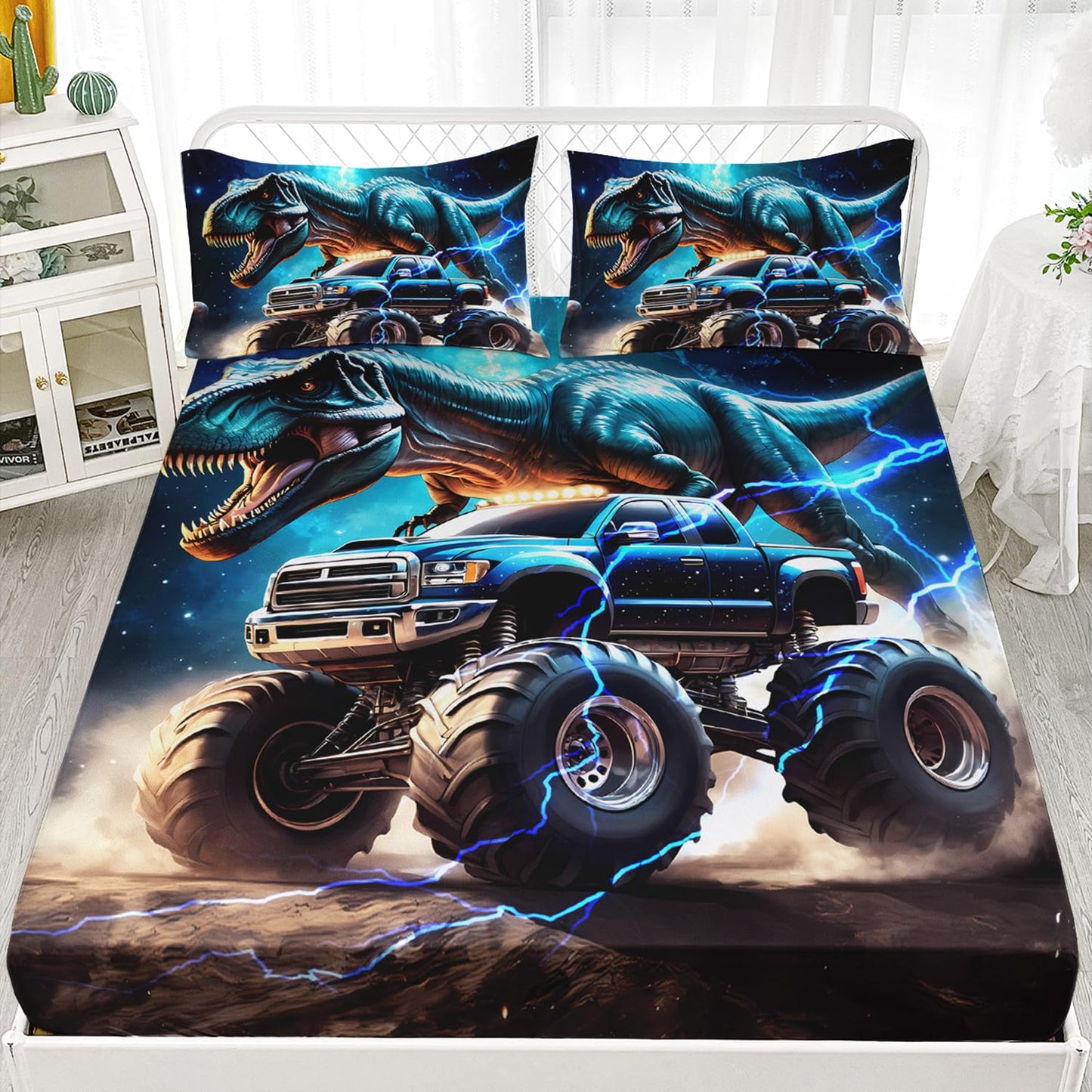 AILONEN Kids Dinosaur Sheets Boys Monster Bedding Set,3D Space Galaxy Dinosaur Fitted Sheet Twin Size with 2 Pillowcases,3 Pieces