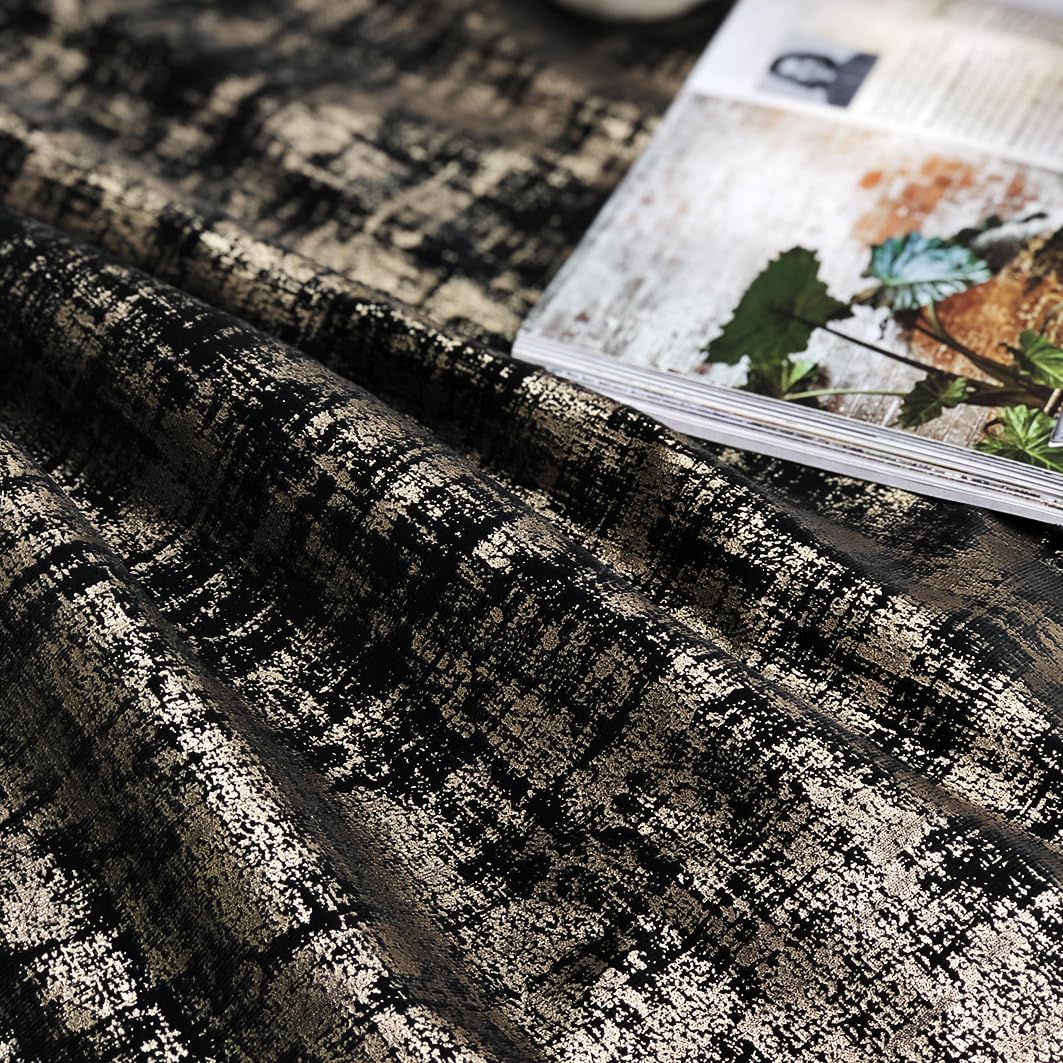 always4u Black Gold Soft Velvet Curtains 84 Inch Length Luxury Bedroom Curtains Gold Foil Print Window Treatments for Living Room Bedroom Set of 2