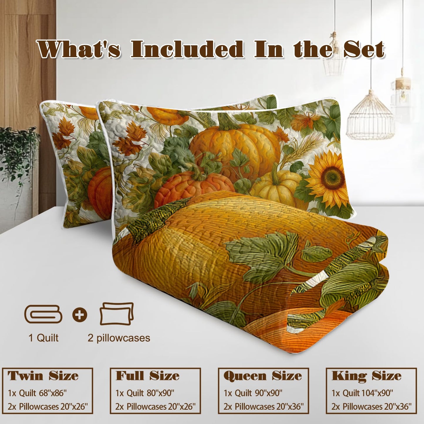 BlessLiving 3-Piece Fall Quilt Set King Size, Soft Microfiber Lightweight Pumpkin Mushroom Pattern Bedspreads Coverlets Bedding Set with 2 Pillow Shams for All Seasons, Autumn Bed Cover for Adults