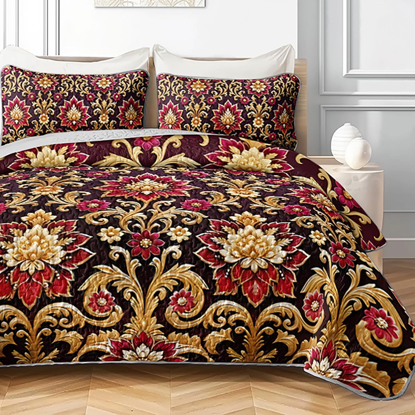 AILONEN Luxury Gold Floral Quilt Set - Elegant Flower King Bedspread Coverlet with 2 Pillowcases Room Decor for Adults & Bedroom