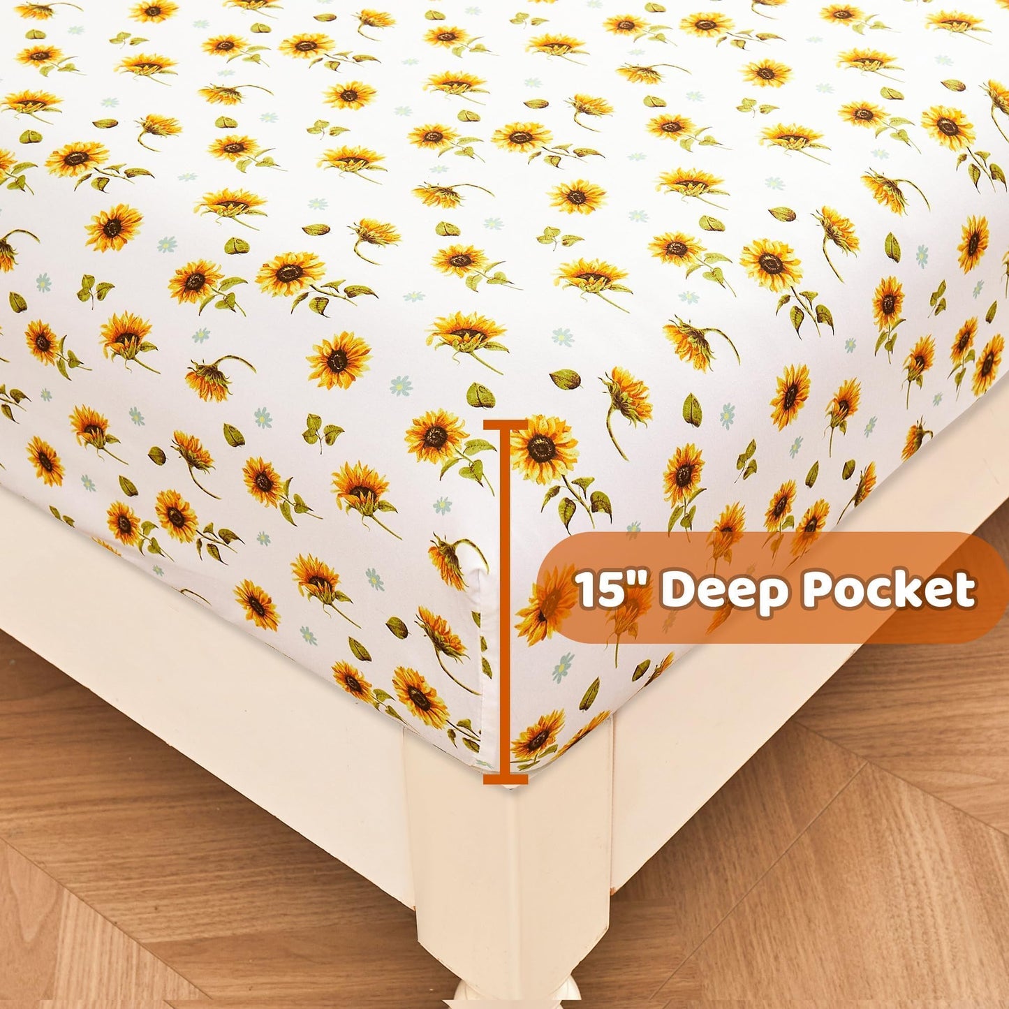Softan Floral Sheet Set Queen, Sunflower Printed Bed Sheets Queen, Cozy Double Brushed Microfiber Fitted Sheet with 15" Deep Pocket and Corner Straps, Cute Yellow Flower Sheet & Pillowcase Sets