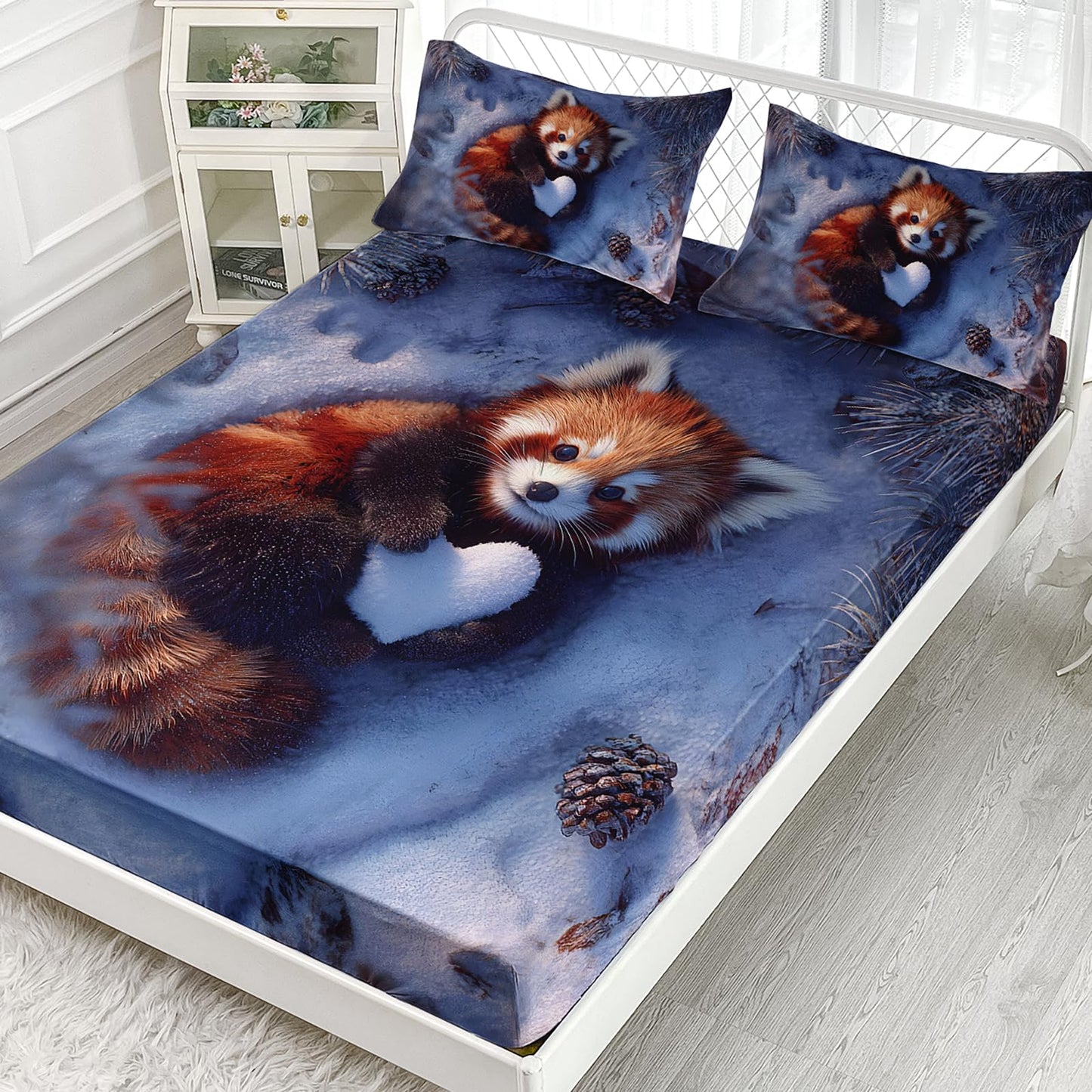AILONEN Red Panda Fitted Sheet Set Full Size,Kawaii Forest Red Panda Deep Pocket Sheets with 2 Pillowcases,3-Piece Cute Winter Wild Animal Bed Sheet Set for Boys Girls