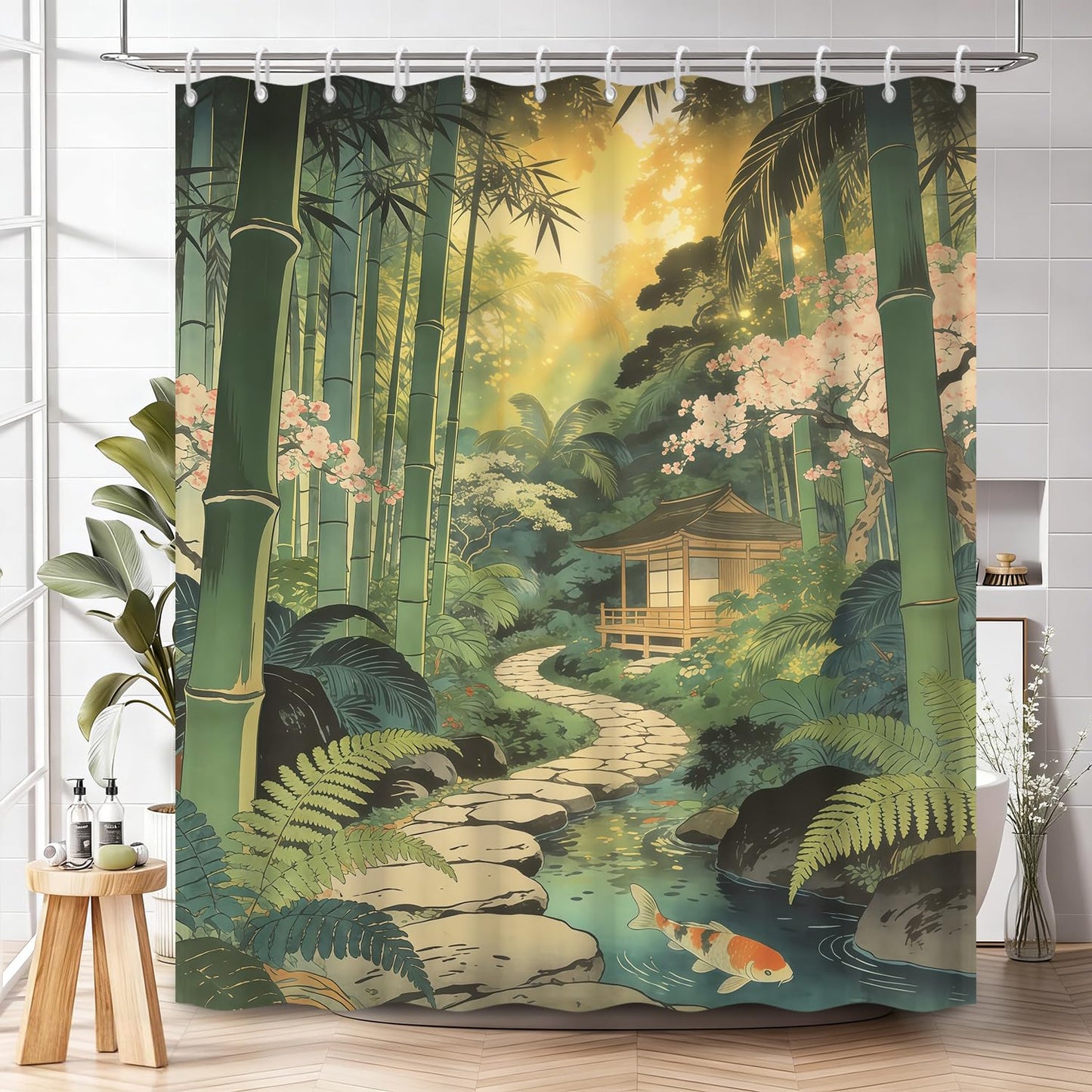 NAEMBI Zen Japanese Garden Shower Curtain 72x72 Inch - Bamboo Forest & Koi Fish Nature Print Waterproof Fabric Bath Curtain with Rust-Proof Hooks, Tranquil Spa Bathroom Curtain for Standard Tubs