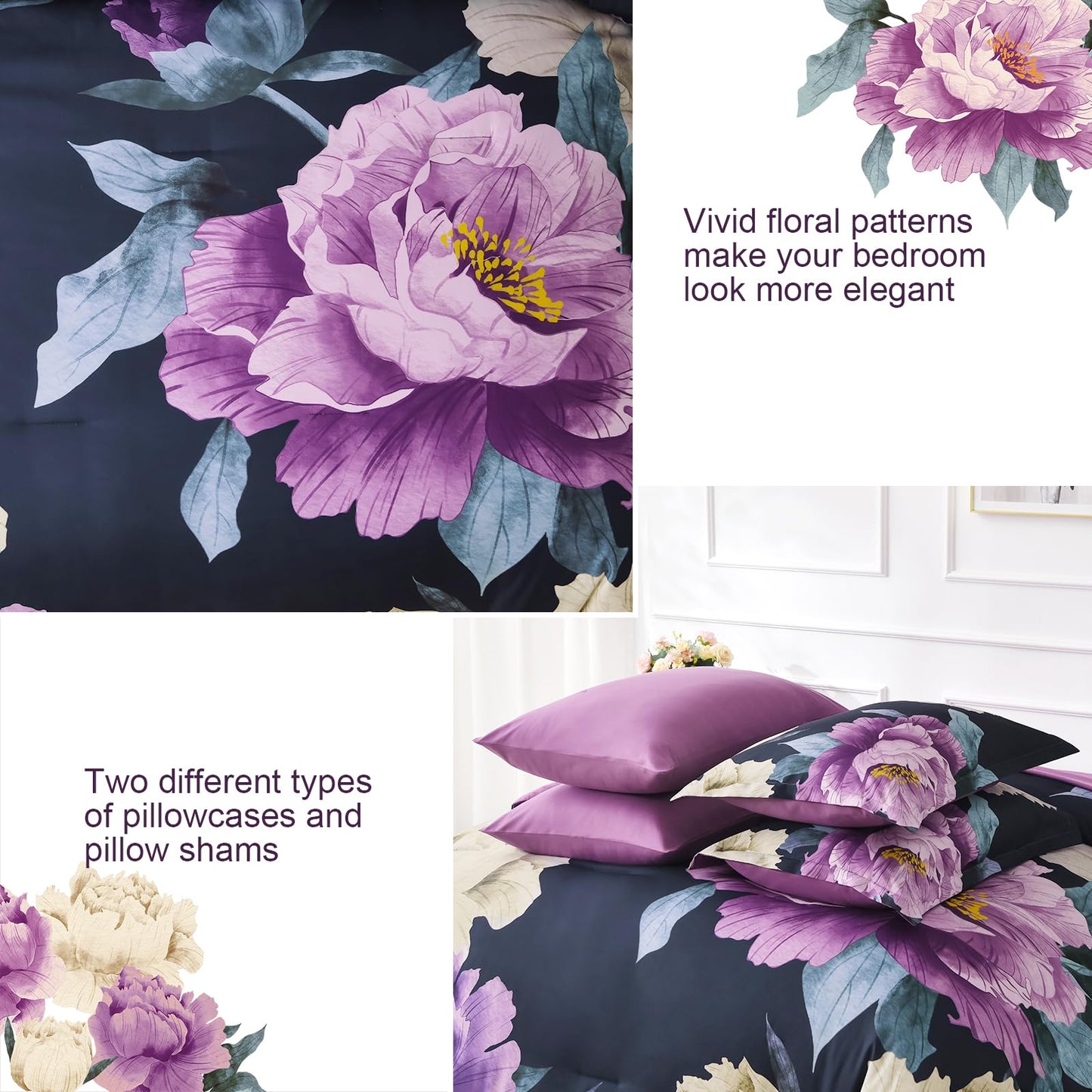 Dobuyly Dark Purple Comforter Set Queen 7 Piece Bed in a Bag, Elegant Floral Comforter Set with Sheets, Soft Microfiber Botanical Flower Bedding Set for All Season