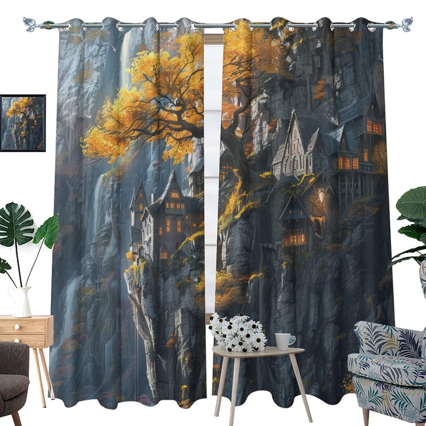 TOWINSFB Autumn Tree Cabin Landscape Blackout Curtains for Bedroom/Living Room, Retro Rustic Forest Mountain Grommet Curtains Thermal Insulated Window Drapes, 2 Panels, Each 21W x 63L