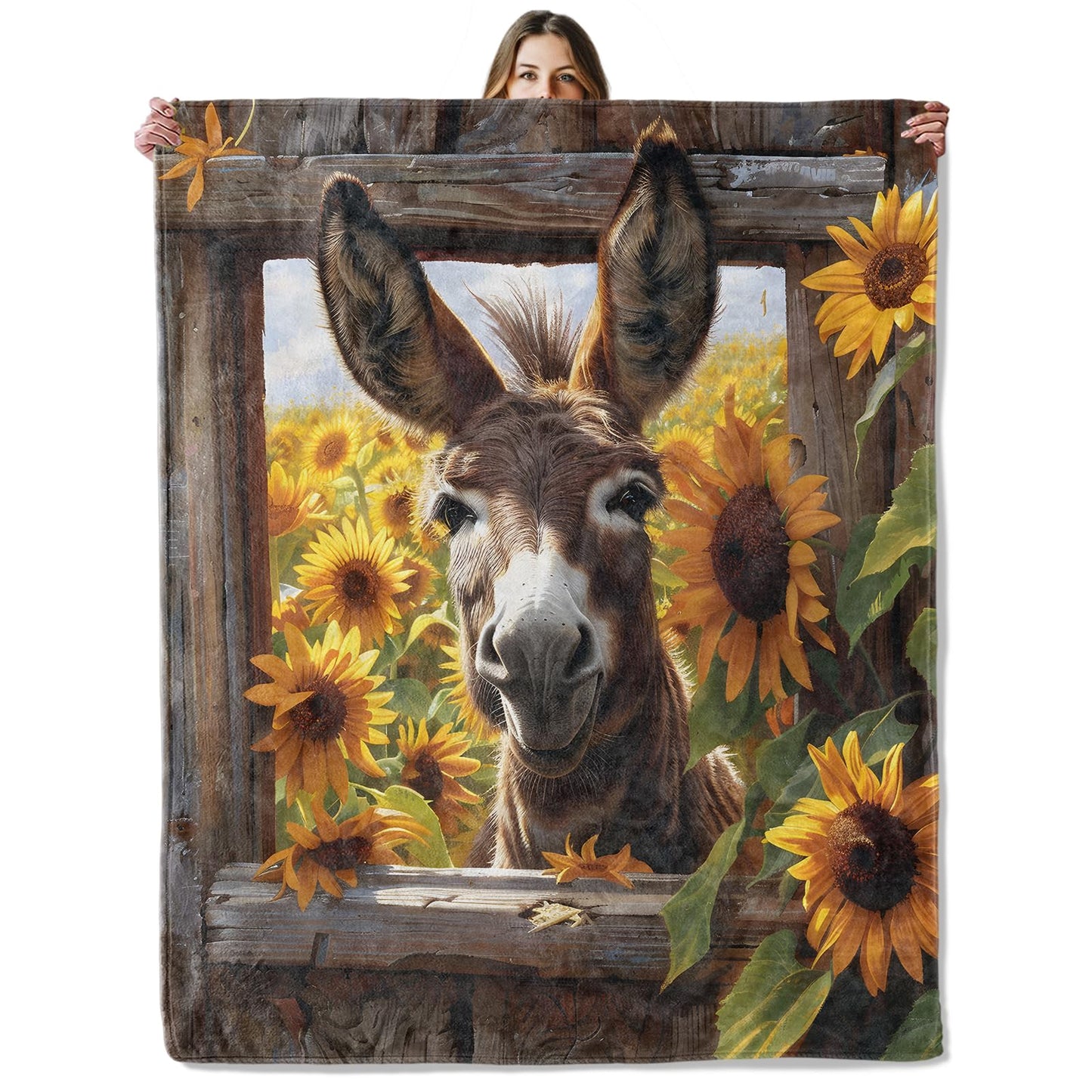 Donkey and Sunflower Throw Blanket for Girls Boys Kids Adults, 50x60 in, Cozy Flannel Blanket for Bedroom, Camping, Couch, Room Decor, Fuzzy Warm Soft Gifts