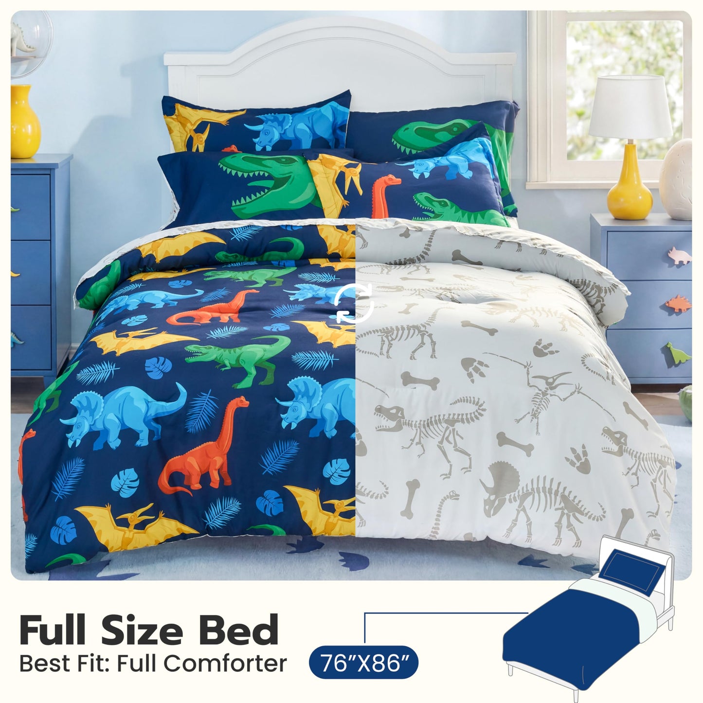 Joiedomi Kids Comforter Set Bedding Set for Boys Girls Super Soft Microfiber Bed in a Bag with Comforter Sheets Pillowcase Sham, Dark Blue Dinosaur, Full