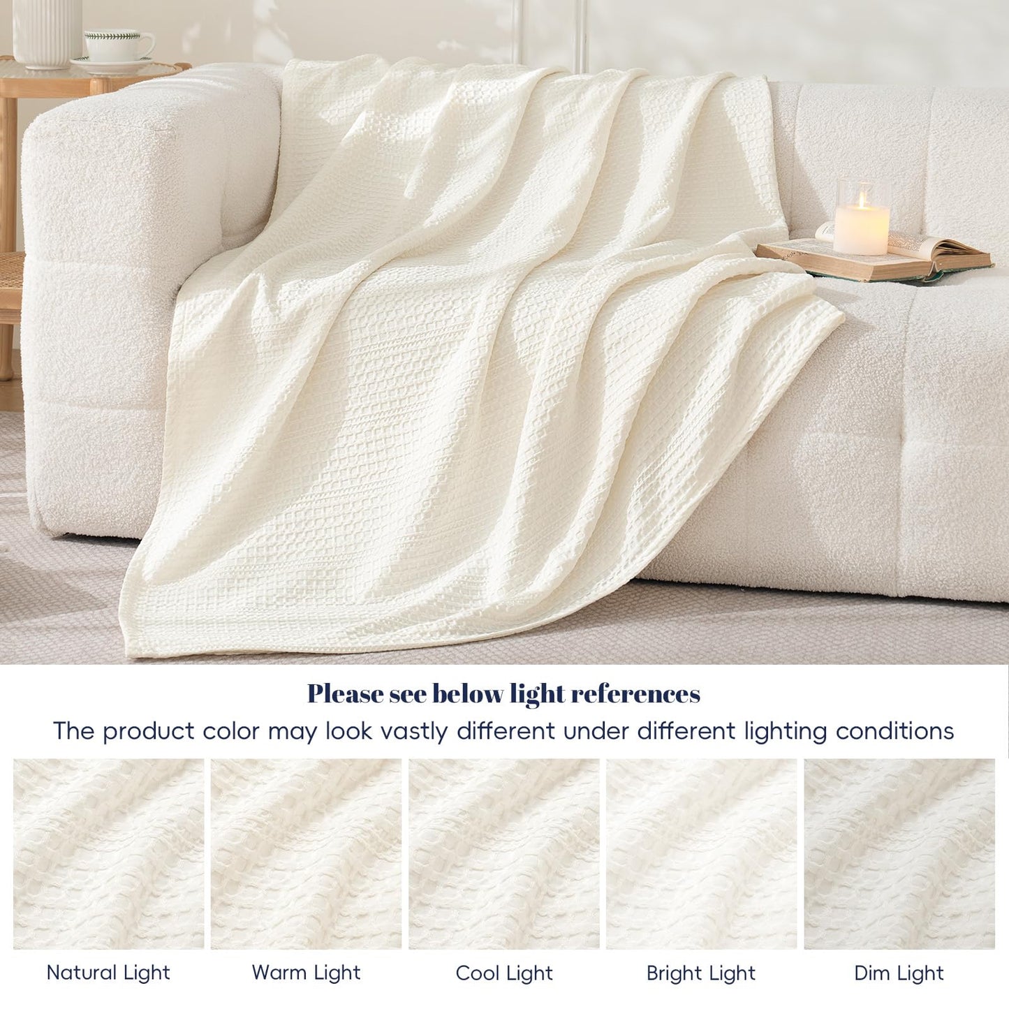 PHF Lightweight Waffle Weave Throw Blanket 50"x 60", Soft Woven Summer Blanket for Hot Sleepers - Aesthetic Home Decor for Couch Bed Sofa, Pet Friendly, Cream