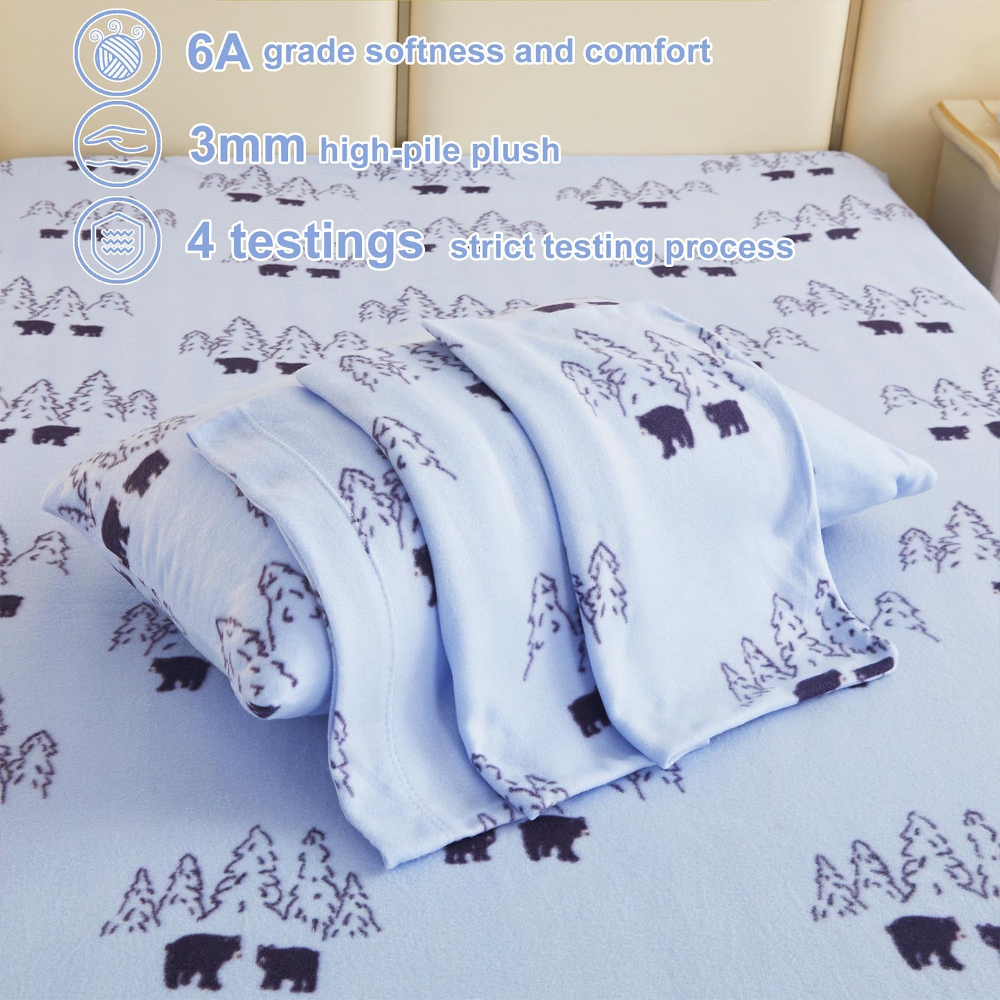 Softan Fleece Sheets Full Size, Flannel Like Soft, Velvet Polar Microfleece Sheets for Winter, Blue Bear