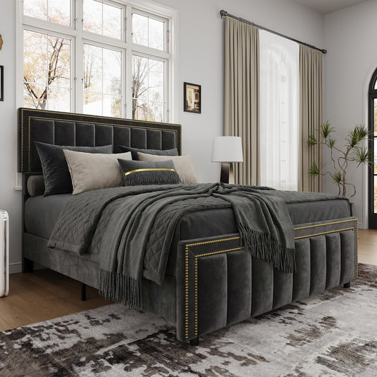 BarnFurin Full Size Bed Frame with 50" Tall Headboard and Footboard, Chenille Upholstered Platform Bed, Vertical Channel Tufting with Nailhead Trim, No Box Spring Needed, Easy Assembly, Black