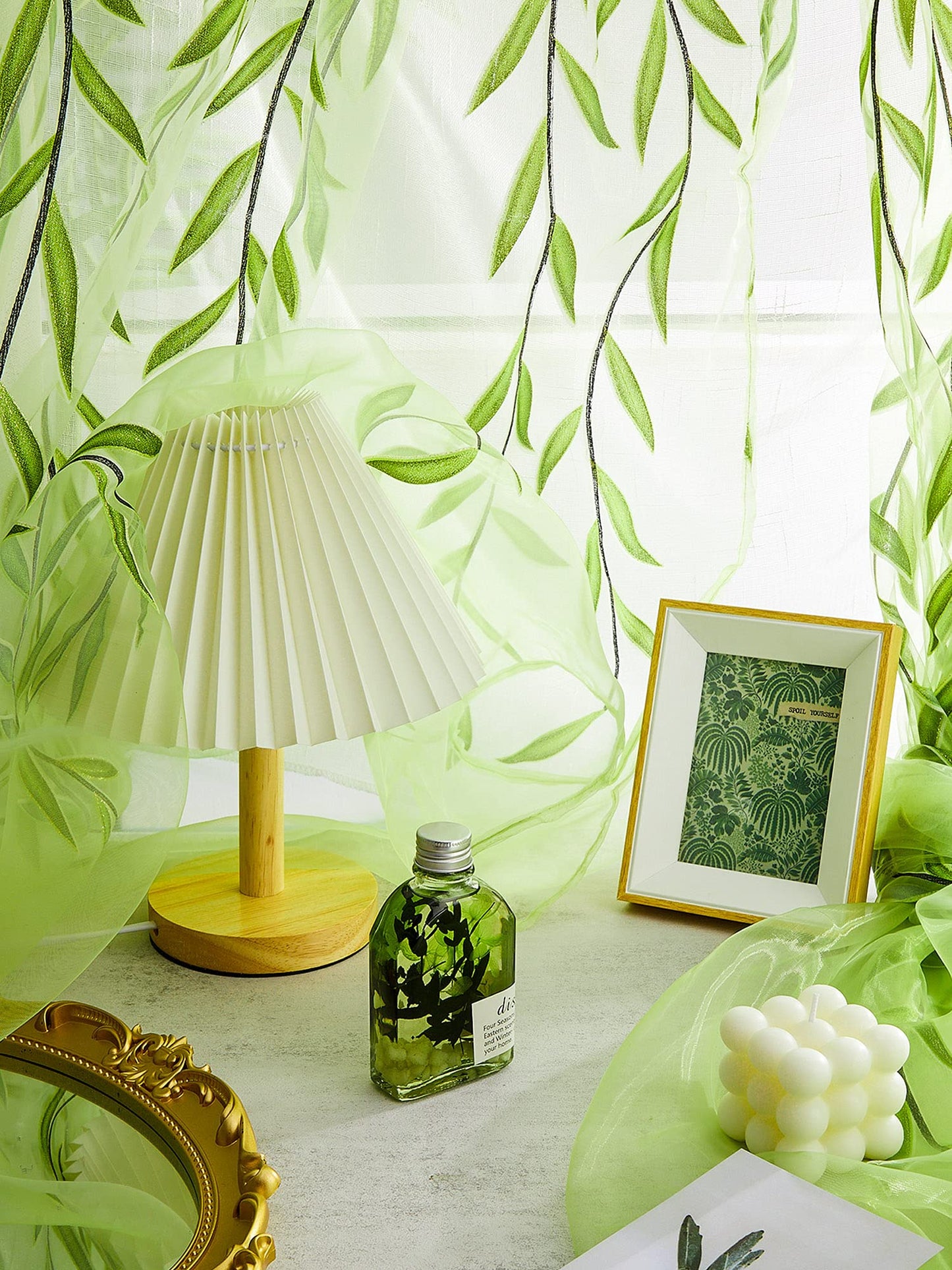 Breling Willow Voile Curtains Cute Green Sheers Leaf Tulle Vine Window Sheers Ivy Pretty Curtain for Living Room Bedroom Window Door Balcony (39.4 x 78.7 Inch,Print Style,2)