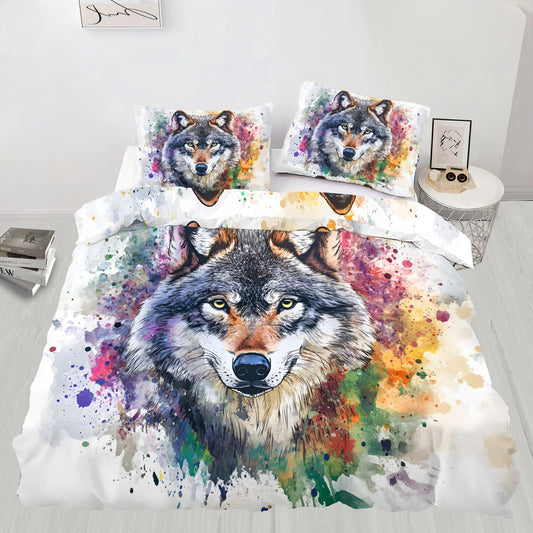 PAISUOQ Wolf Print Duvet Cover Full, Colorful Wolf Bedding, Graffiti Animals Comforter Cover with 2 Pillow Cases, 3 Pieces with Zipper & Ties, Bedroom Decor & Gifts