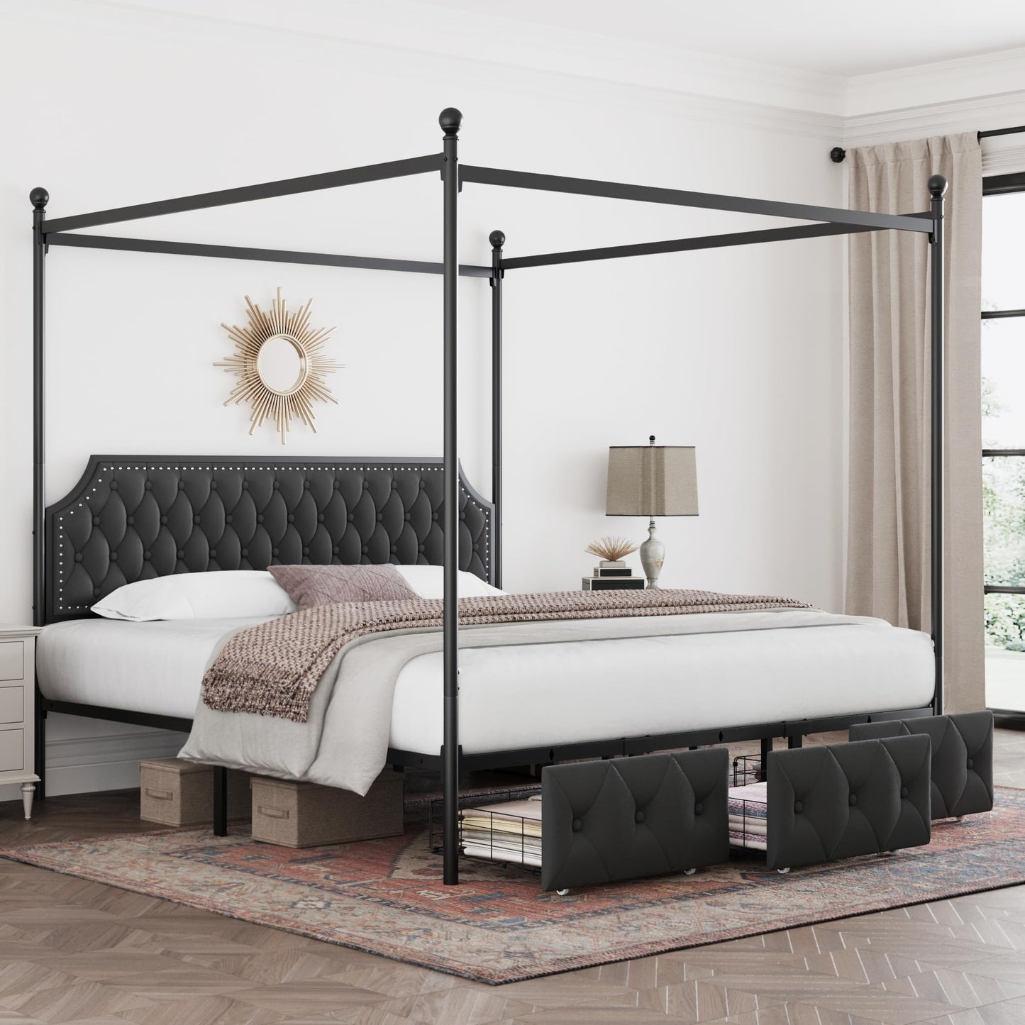 Keyluv King Upholstered Canopy Bed Frame with 3 Storage Drawers & Button Tufted Headboard, Metal Platform Bed with 4 Removable Posts, Two-Purpose Velvet Bed, Dark Grey/Curtain Not Included
