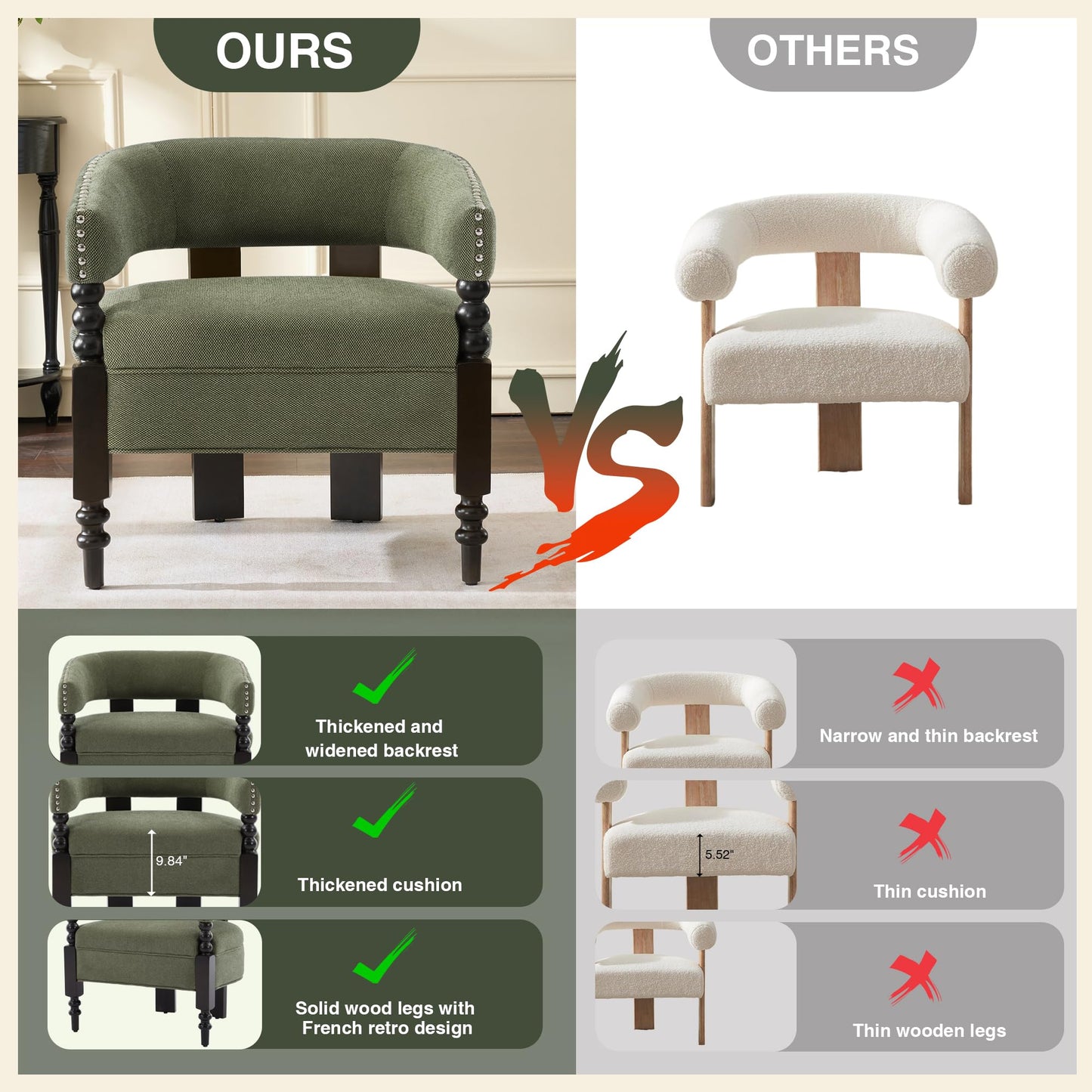 LOULENS Barrel Accent Chair for Living Room | Vintage Linen Upholstered Lounge Chair with Solid Wood Legs, Armchair for Bedroom, Reception Room & Reading Nook, Dark Green