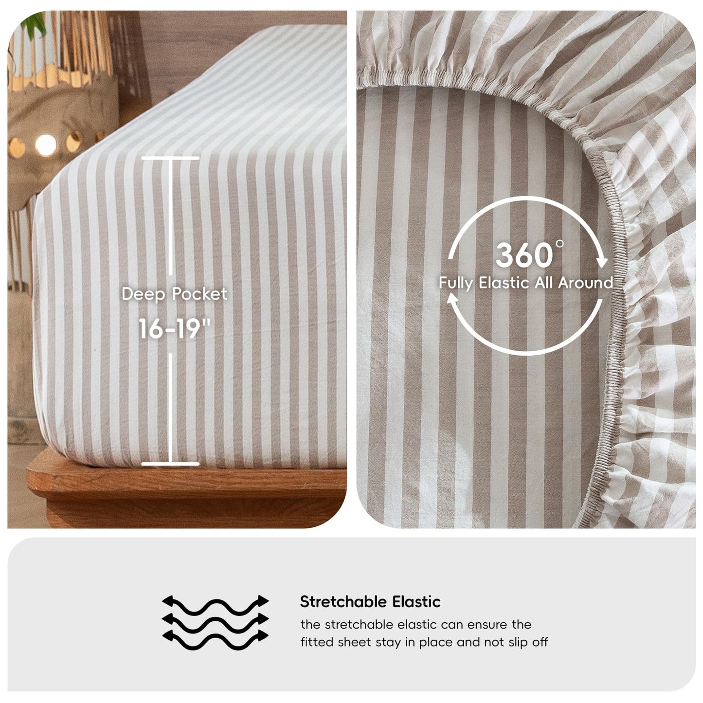 MooMee Striped Fitted Bottom Sheet Only 100% Washed Cotton Linen Like Textured Breathable Durable Soft Comfy Deep Pocket Fits Mattress up to 17" (Tannish Linen Grey White Classic Stripes, Queen)