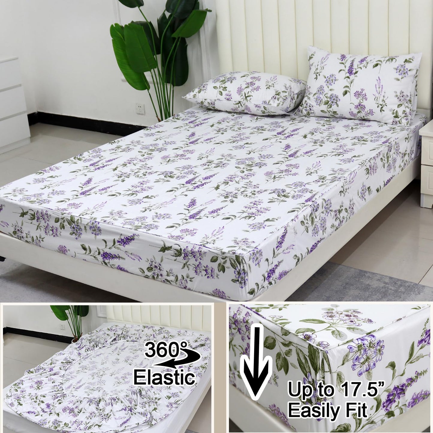 Helthep Floral Sheet Set King Size 100% Cotton Purple Floral Pattern Sheets Botanical Shabby Printed Bed Sheets Set Luxury Percale Warm 17.5" Deep Pocket Ultra Soft and Beathable, 4Pcs