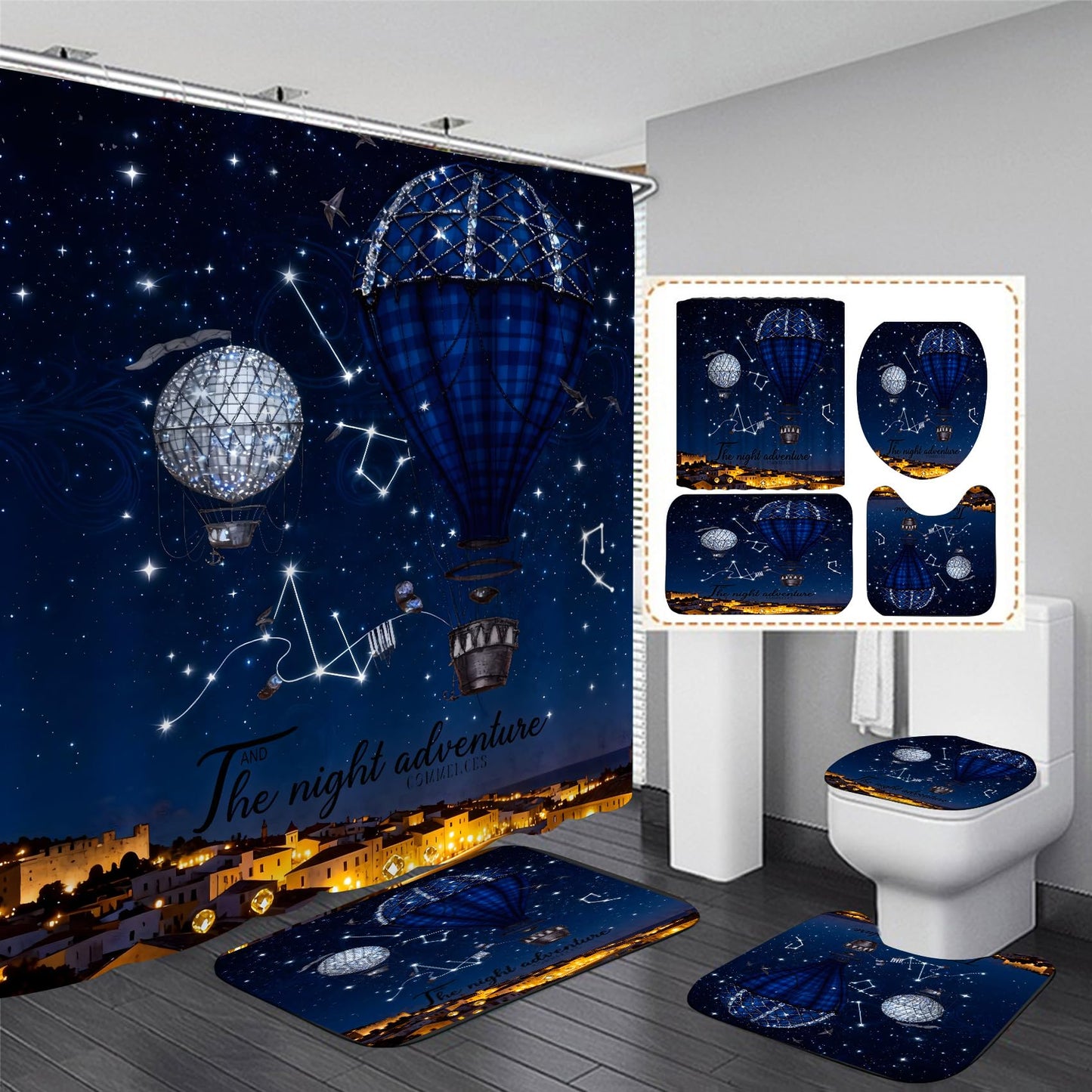 4 Piece Starry Night Shower Curtain Set with Rugs, Blue Hot Air Balloon Adventure Art Bathroom Decor, Waterproof Fabric Curtain with Non-Slip Bath Mats & Toilet Lid Cover, Romantic Night Sky Aesthetic